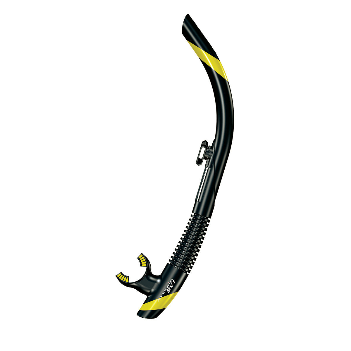 Atomic Aquatics SV1 Flex Snorkel - Black/Yellow Snorkeling Gear for Scuba Diving, Swimming & Water Sports | Comfortable & Durable Snorkel for Ocean Adventures