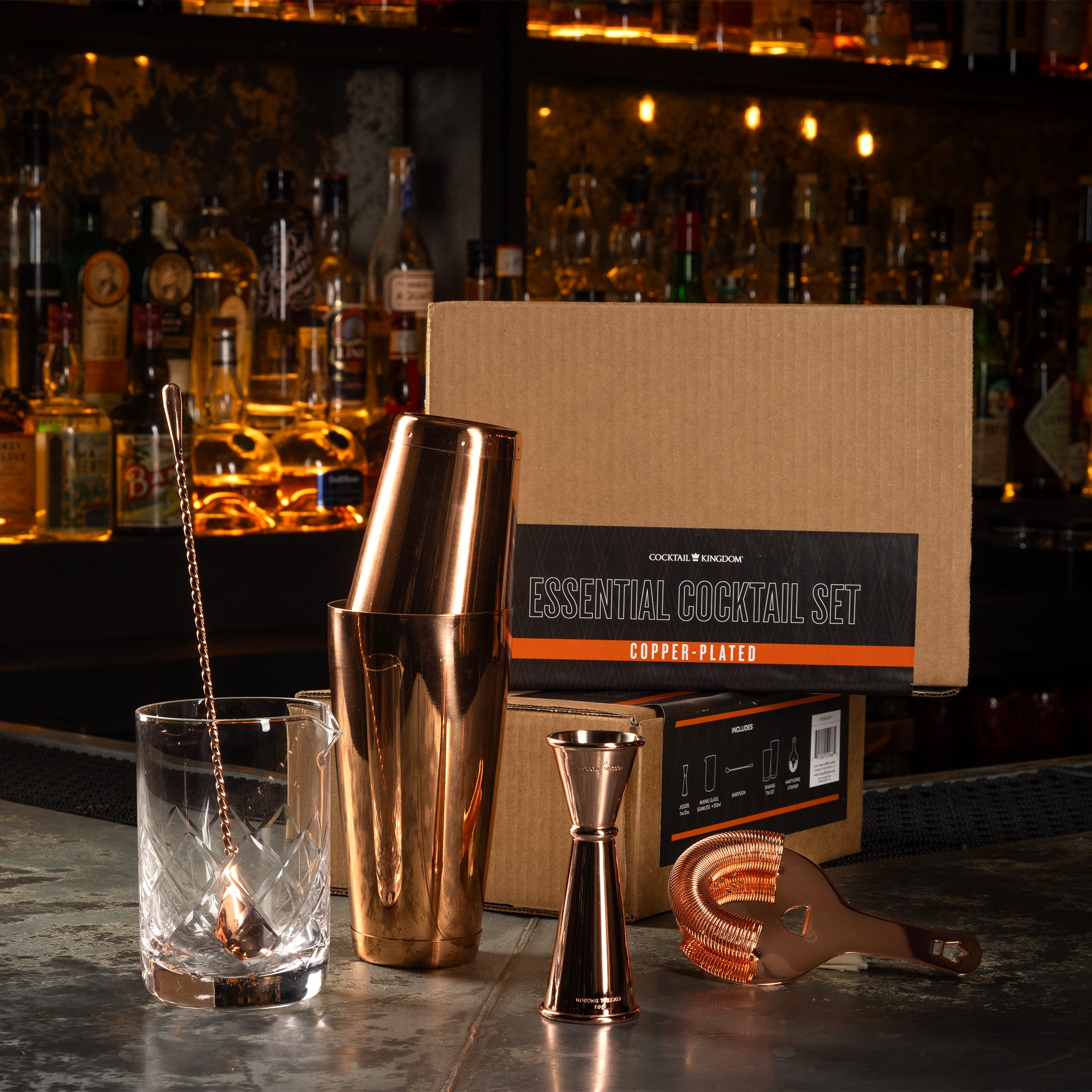 Premium Copper Plated Cocktail Set - 18-Piece Bar Essentials for Mixing & Serving - Perfect for Home Bars, Parties & Gifts