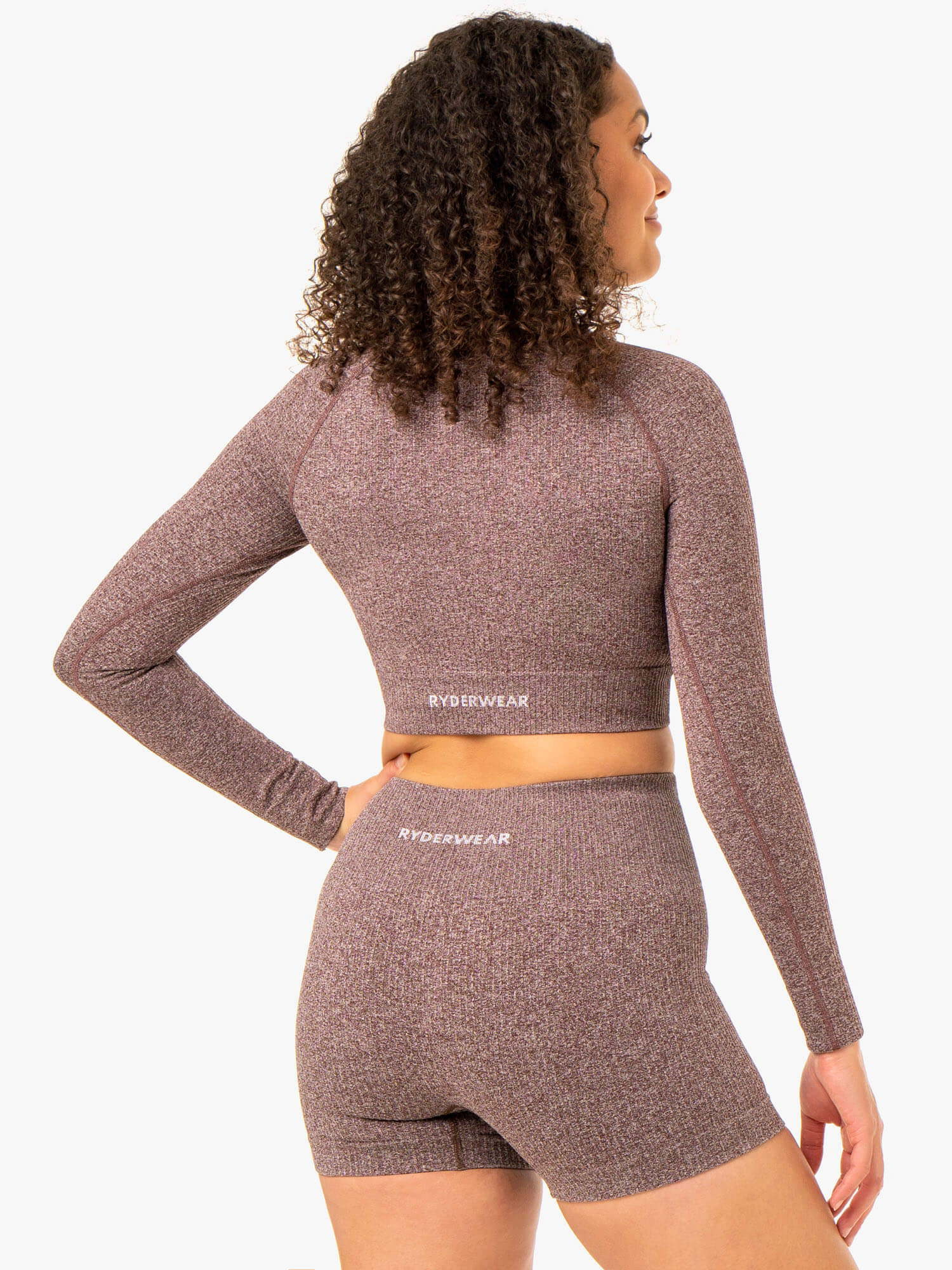 Seamless Rib Long Sleeve T-Shirt for Women - Soft Stretch Chocolate Marl Knit Top | Casual Wear, Layering & Everyday Outfits