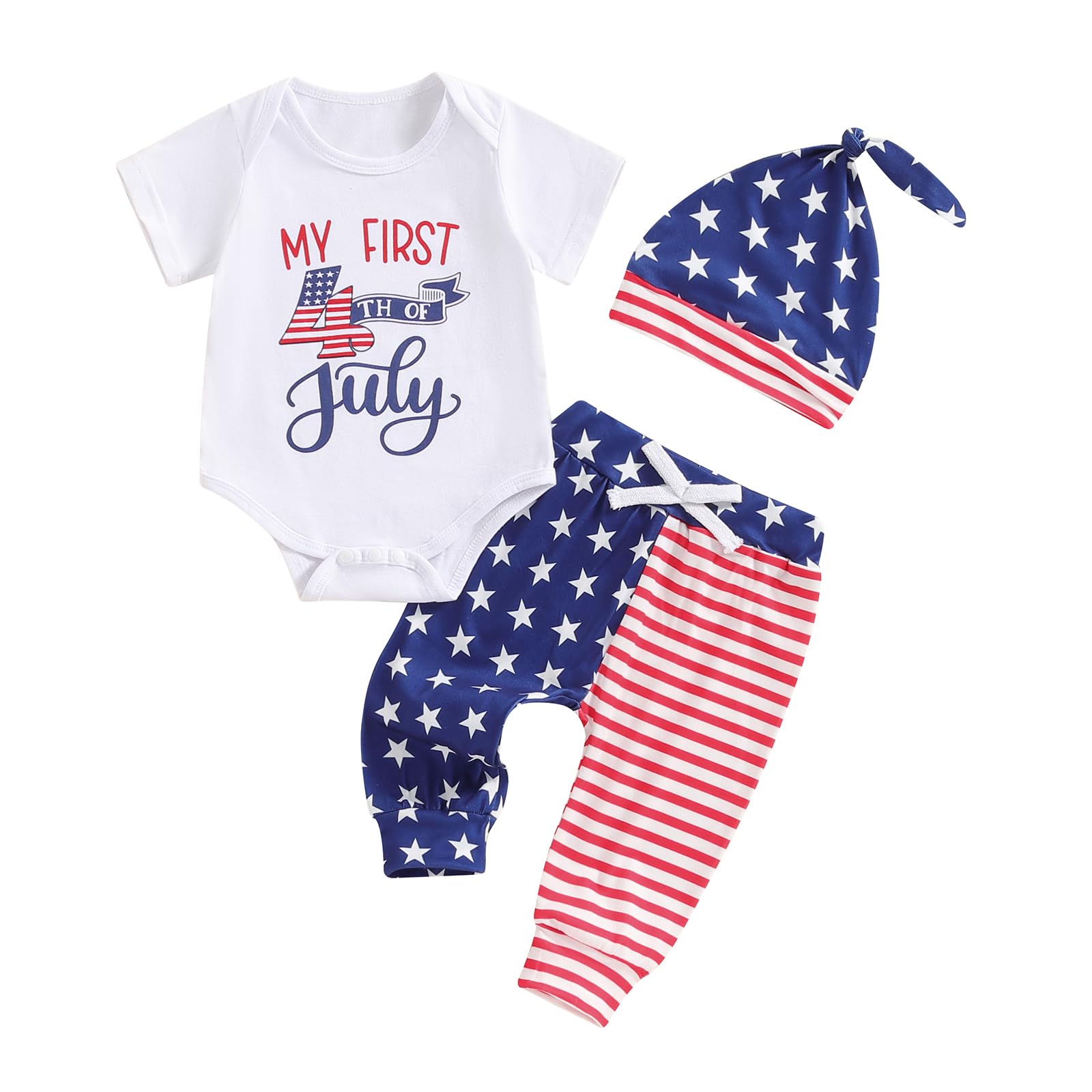 Adorable 4th of July Baby Boy Outfit - Stars & Stripes Romper with Pants - 1st Independence Day Newborn Clothes | Perfect for Family BBQs, Fireworks & Patriotic Photo Shoots