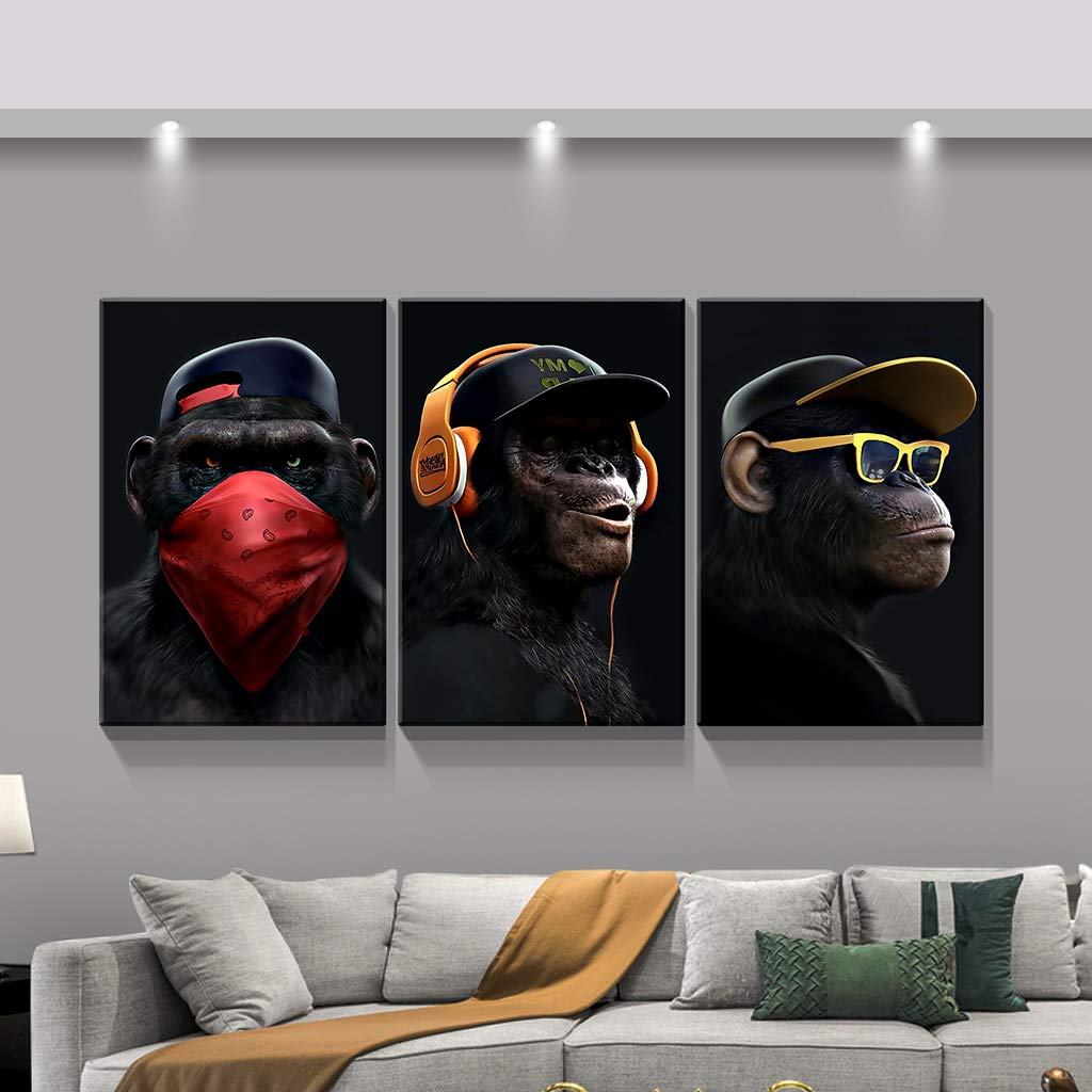 Denozer - 3 Piece Canvas Wall Art with Music Gorilla Design, Giclee Print Gallery Wrapped Ready to Hang, 24