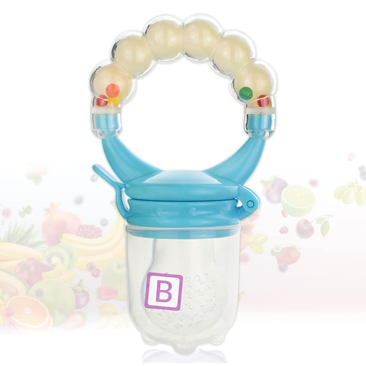 Bembika Baby Nibbler Ring - Blue Silicone Pacifier & Food Feeder for 6-9 Month Old Infants - Safe Teething Toy & Fruit Feeder for Easy Baby Feeding at Home or Travel
