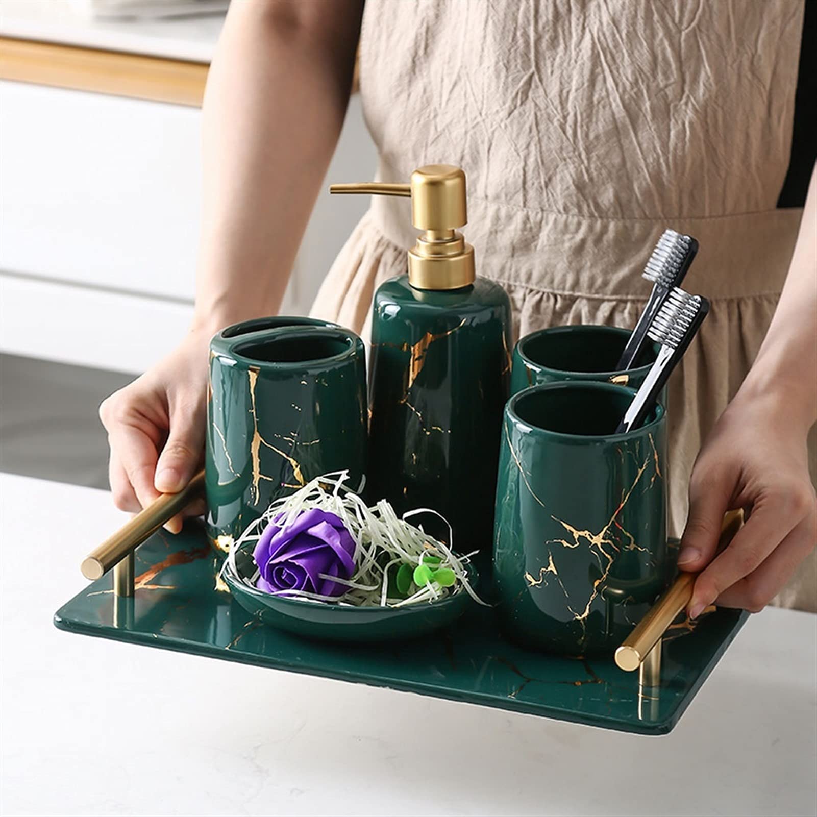Premium Ceramic Refillable Liquid Hand Soap Dispenser Set - 6 Piece Bathroom Accessories Kit with Soap Dispenser, Toothbrush Cup, Tumbler, Soap Dish & Tray | Elegant Hotel-Style Decor for Home, Guest Bath & Spa Retreat