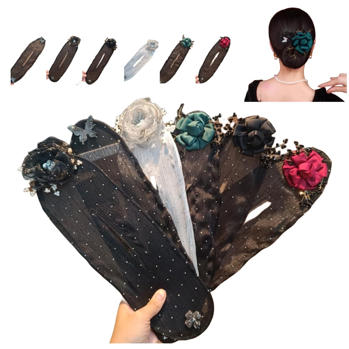 6PCS Hand Embroidered Floral Hair Clips & Bun Makers for Women & Girls - Sparkly Ball Hair Accessories for Long Thick Hair | Perfect for Weddings, Parties & Daily Styling