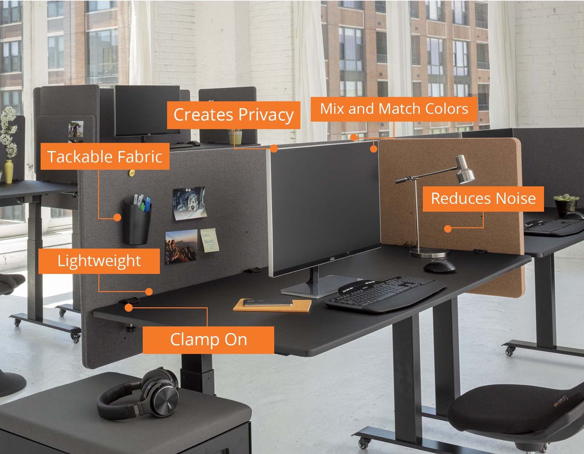 ReFocus Clamp-On Acoustic Desk Divider Privacy Panel - Noise & Visual Distraction Reducer for Stand Up Desks (Ash Gray, 47.25