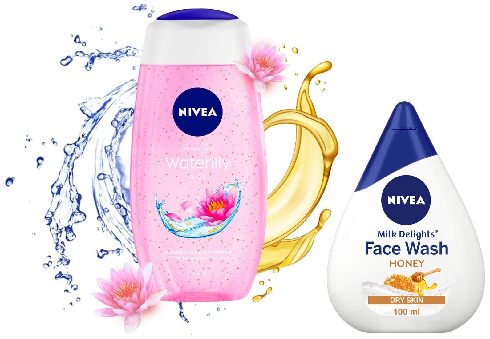 NIVEA Moisturizing Honey Face Wash for Dry Skin, 100ml & Water Lily & Oil Shower Gel for Women, 250ml - Gentle Cleansing & Hydrating Skincare Routine for Daily Use at Home or Travel