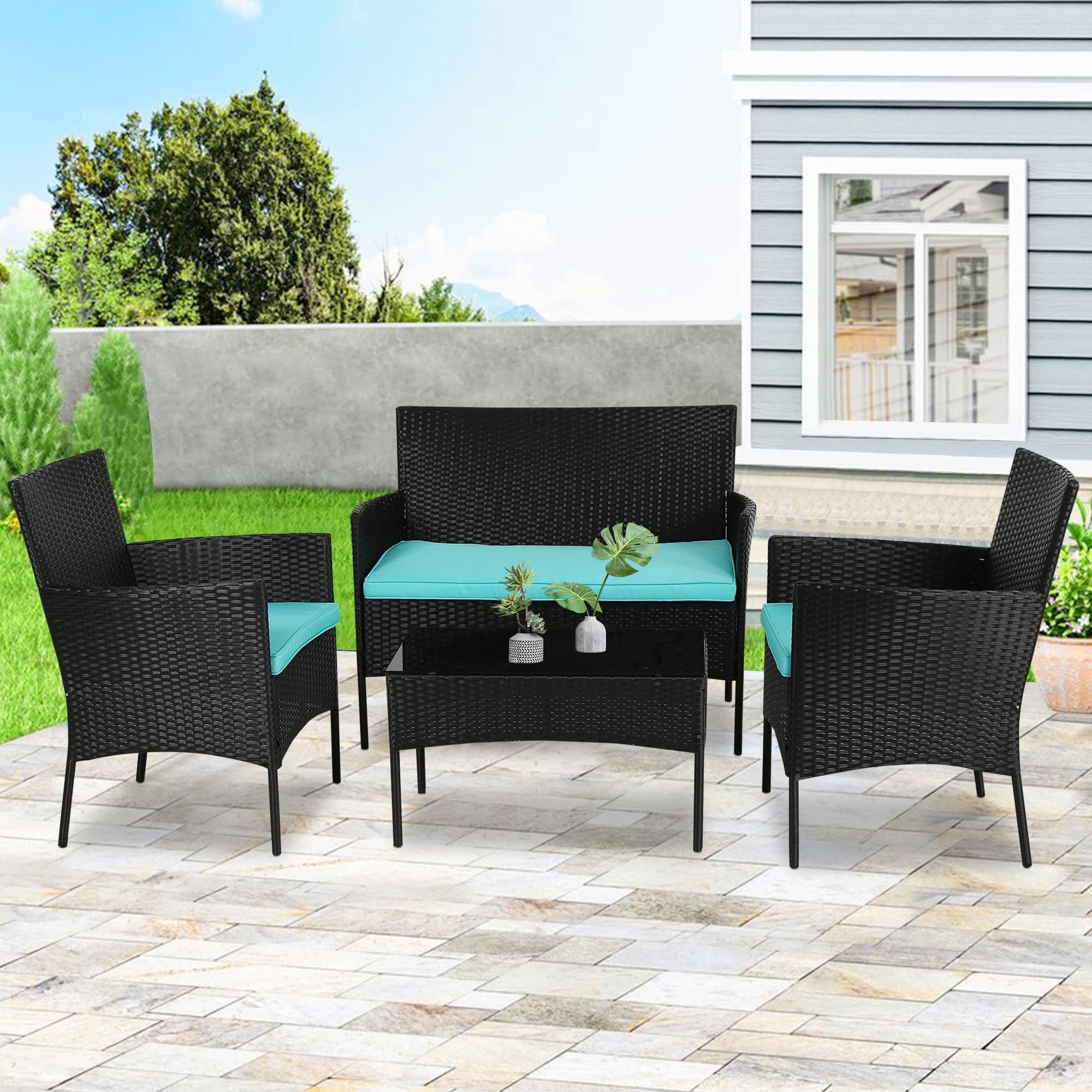 4-Piece Outdoor Patio Furniture Set - Modern Wicker Rattan Bistro Chairs with Glass Coffee Table & Comfortable Cushions - Blue Garden Conversation Set for Porch, Backyard, Lawn, Poolside & Outdoor Dining Areas