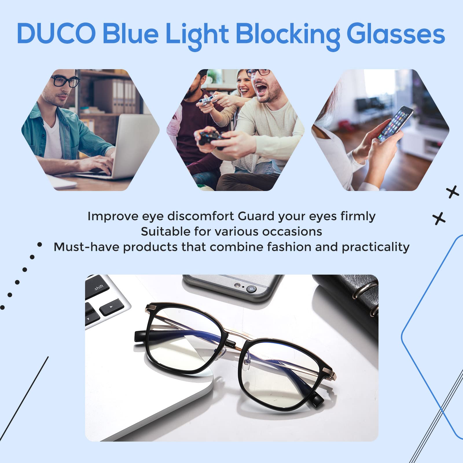DUCO Blue Light Blocking Glasses for Men - Anti Blue Ray Computer Glasses with Retro Square Frame, Fashion Eyeglasses 5223 - Perfect for Gaming, Office Work & Screen Time Protection