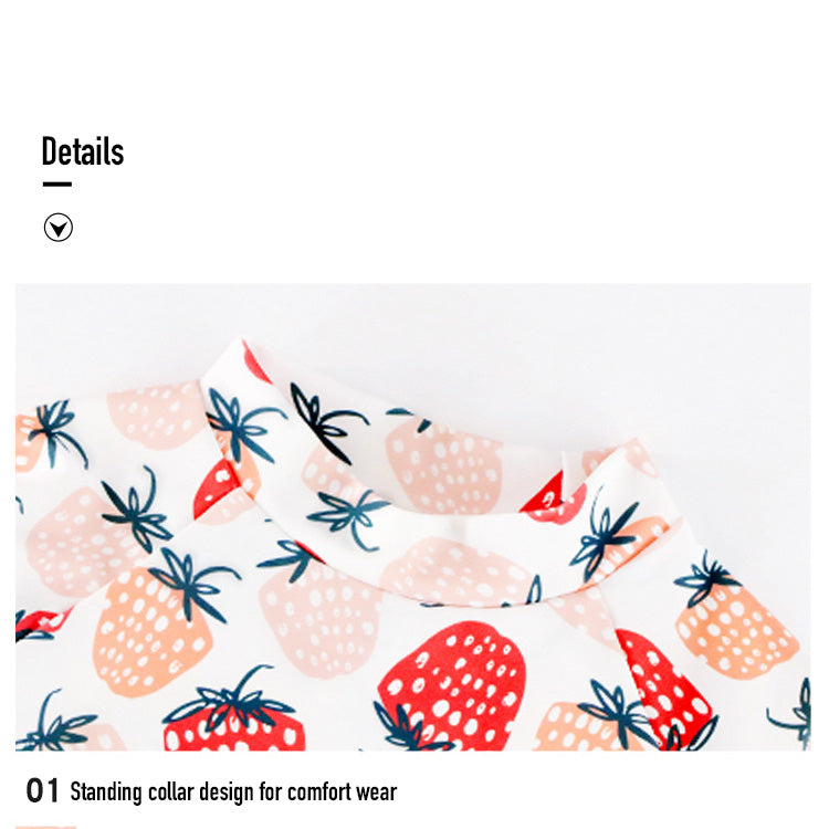 Girl's Strawberry Print Long Sleeve Two-Piece Swimwear Set with Free Cap - UPF 50+ Sun Protection for Toddler & Kids Beach, Pool & Summer Water Activities