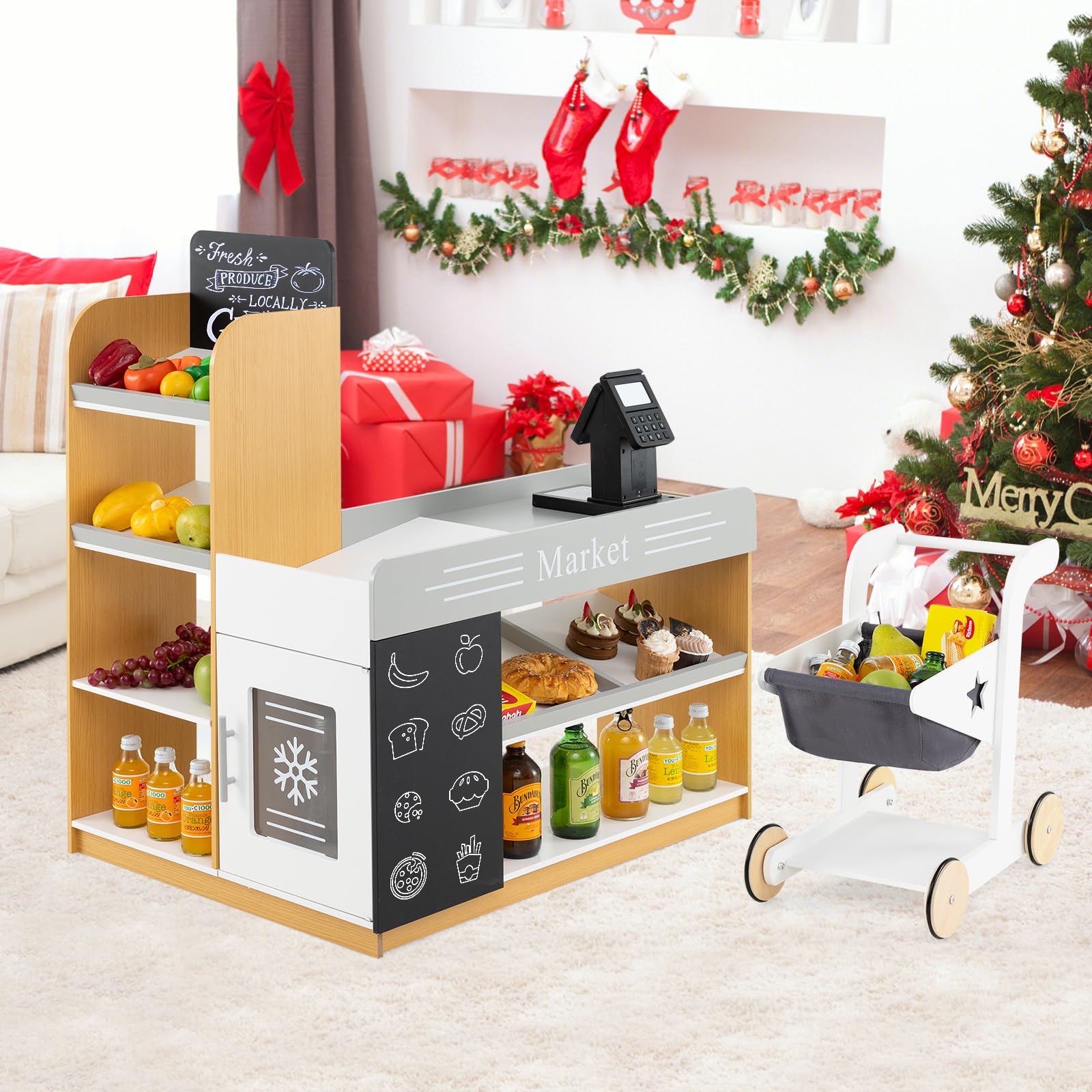 HONEY JOY Kids Wooden Grocery Store Playset with Shopping Cart, Supermarket Checkout Stand, Blackboard & Display Shelves - Pretend Play Toy for Toddlers & Preschoolers | Perfect Gift for Boys & Girls | Natural Wood Design for Home, Classroom & Playroom Fun