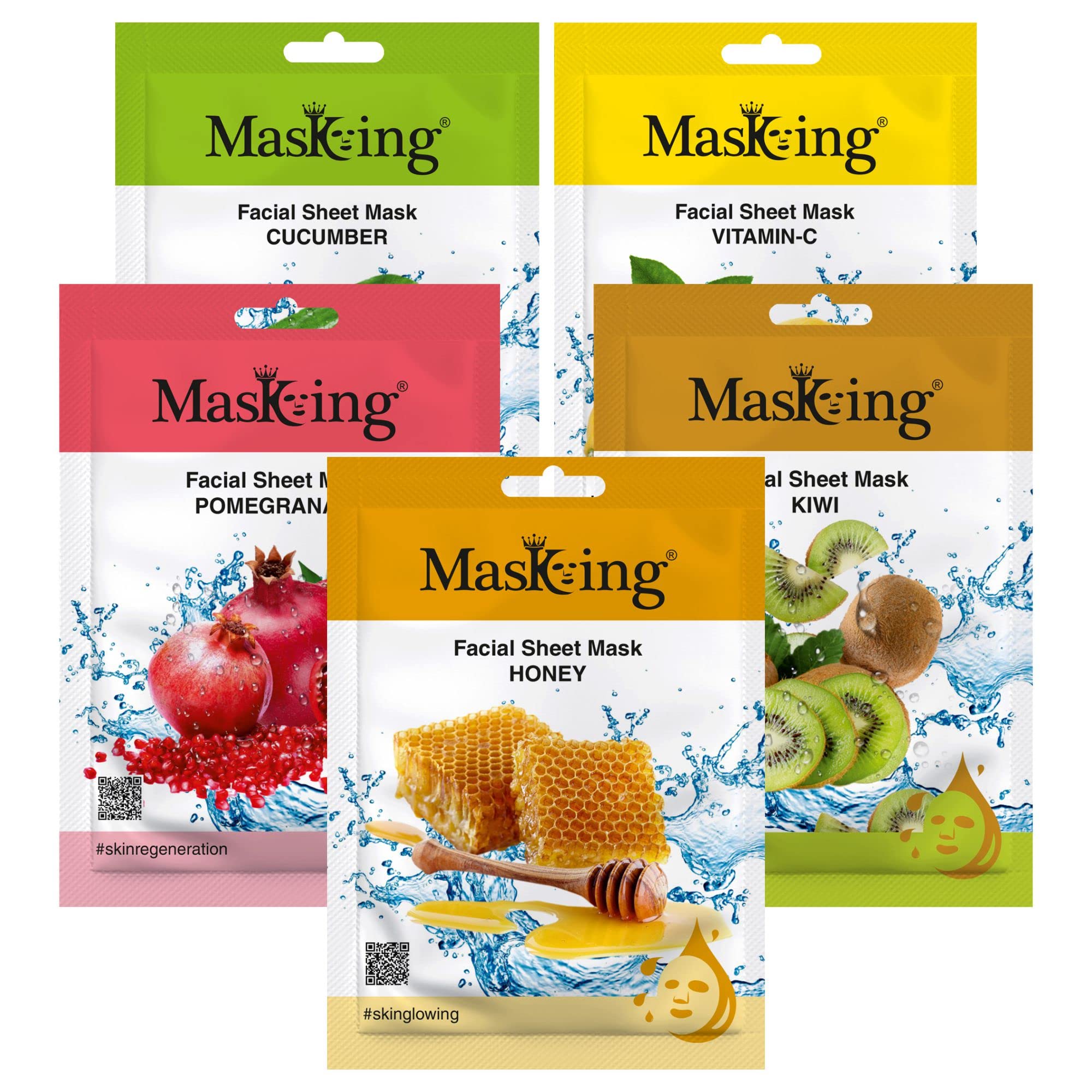 MasKing Beauty Facial Sheet Mask Set - Cucumber, Lemon, Pomegranate, Kiwi & Honey for Skin Calming, Brightening & Hydration - 5 Sheet Masks (100ml Each) for Women & Men - Perfect for Daily Skincare Routine, Spa Day & Gift Giving