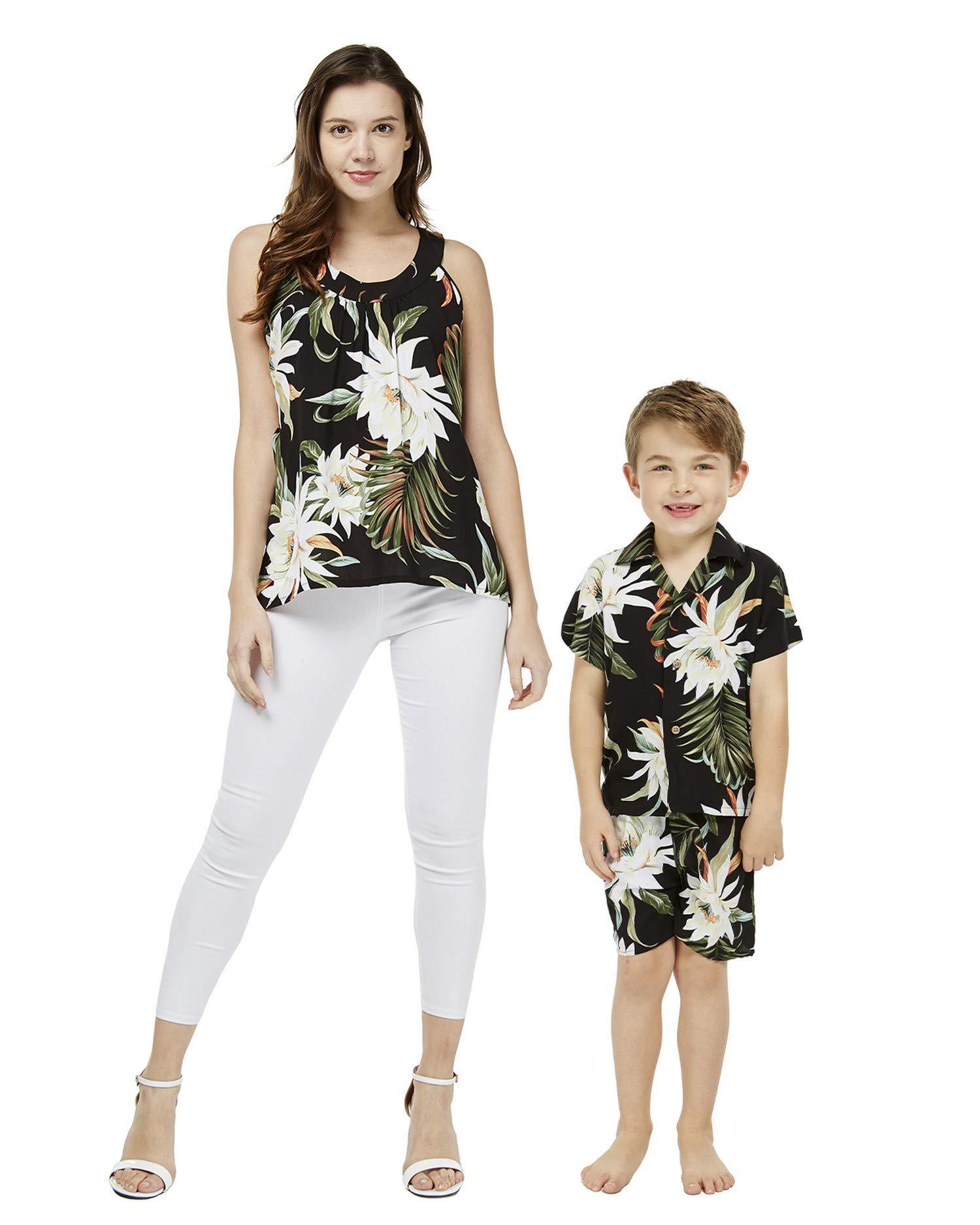 Matching Mother and Son Hawaiian Luau Outfit - Tropical Floral Print Shirt for Women & Boys - Perfect for Beach Vacations, Luau Parties, and Family Photos