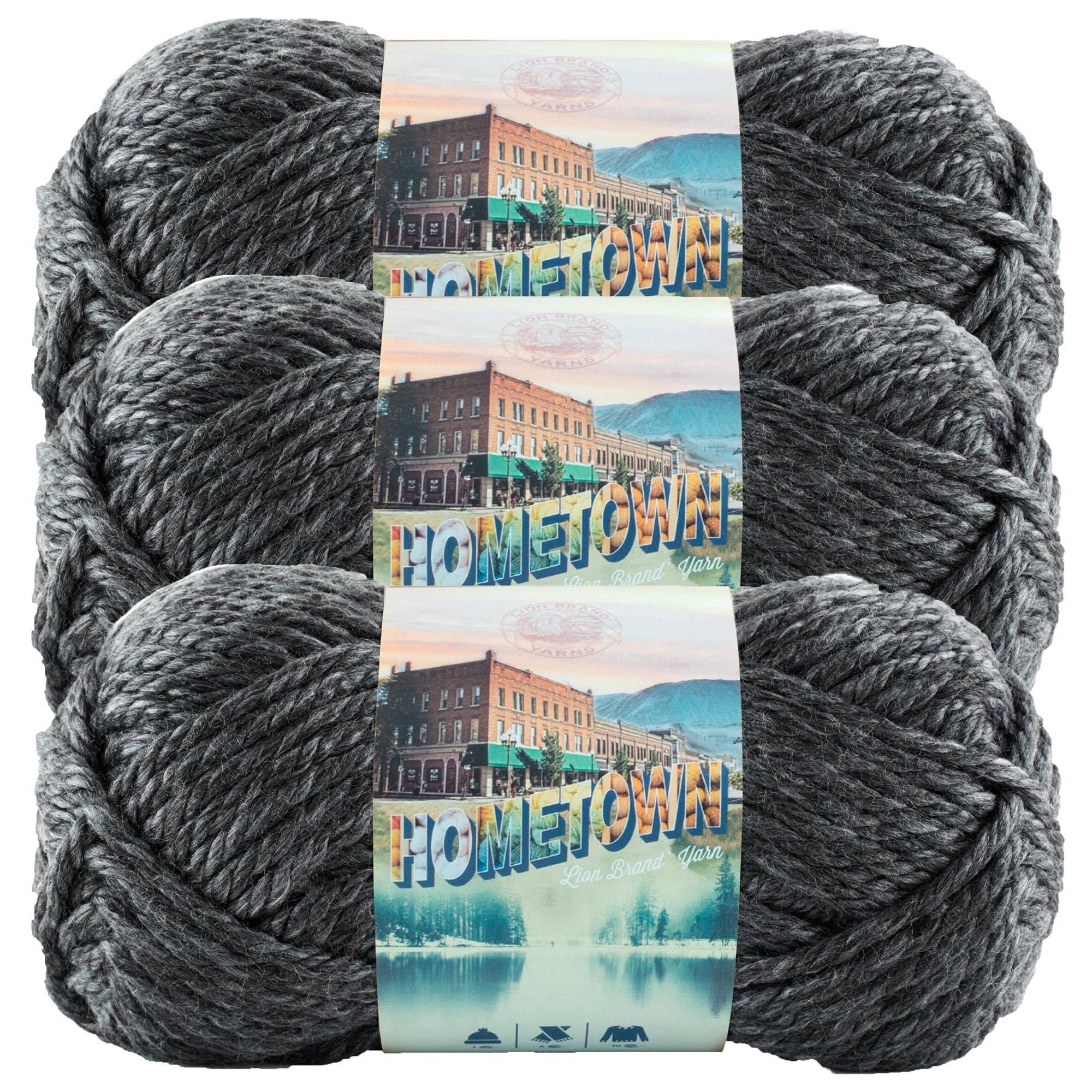 Lion Brand Yarn Hometown Super-Bulky Yarn - 3 Pack Chicago Charcoal for Knitting, Crocheting & DIY Crafts | Perfect for Blankets, Scarves & Winter Accessories