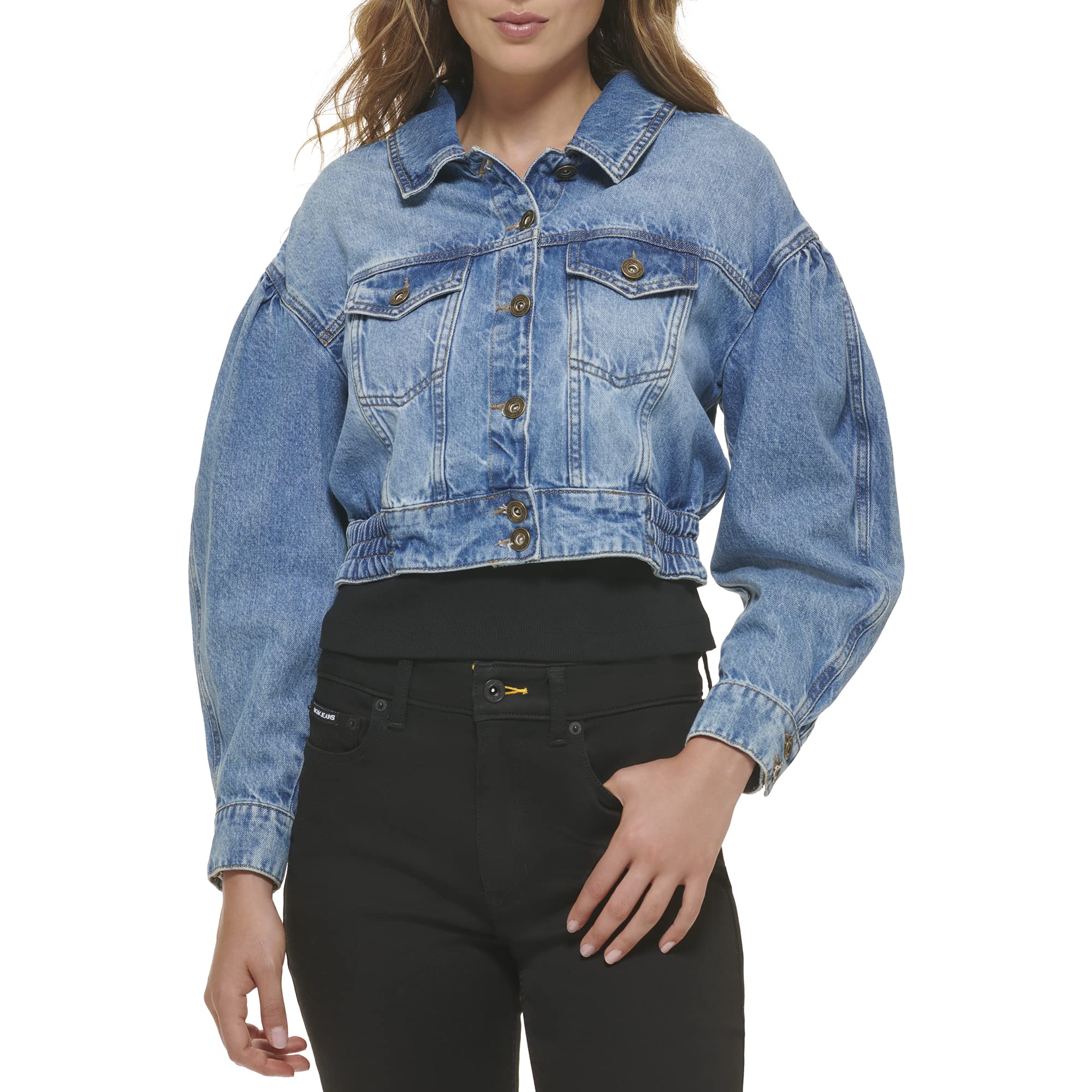 DKNY Women's Denim Cropped Jean Jacket - Stylish Denim Jacket for Women, Fashionable Crop Top Outerwear - Perfect for Casual Outfits, Street Style & Spring Layering