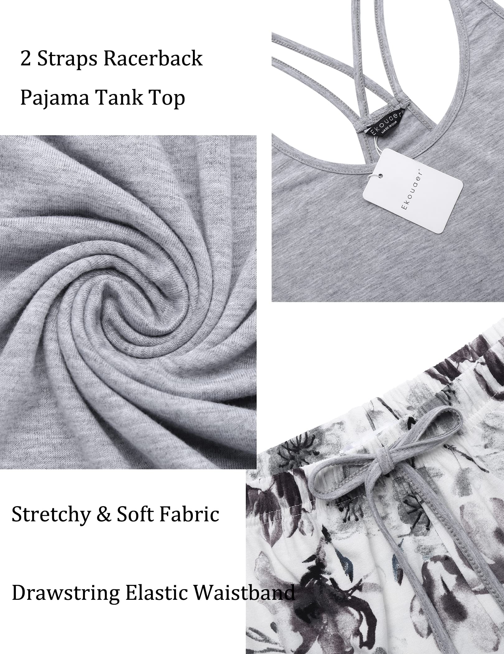 Ekouaer Women's Sleeveless Racerback Cami Pajama Set - Soft Sleepwear Tank Top & Shorts for Comfortable Sleep, Lounge & Vacation
