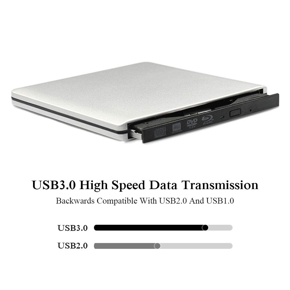 Ultra Slim USB 3.0 External Blu-Ray DVD Drive - Portable CD/DVD Burner & 3D Player with DVD-RW Reader for PC Laptop - Silver | Perfect for Home Entertainment, Office Work & Data Backup