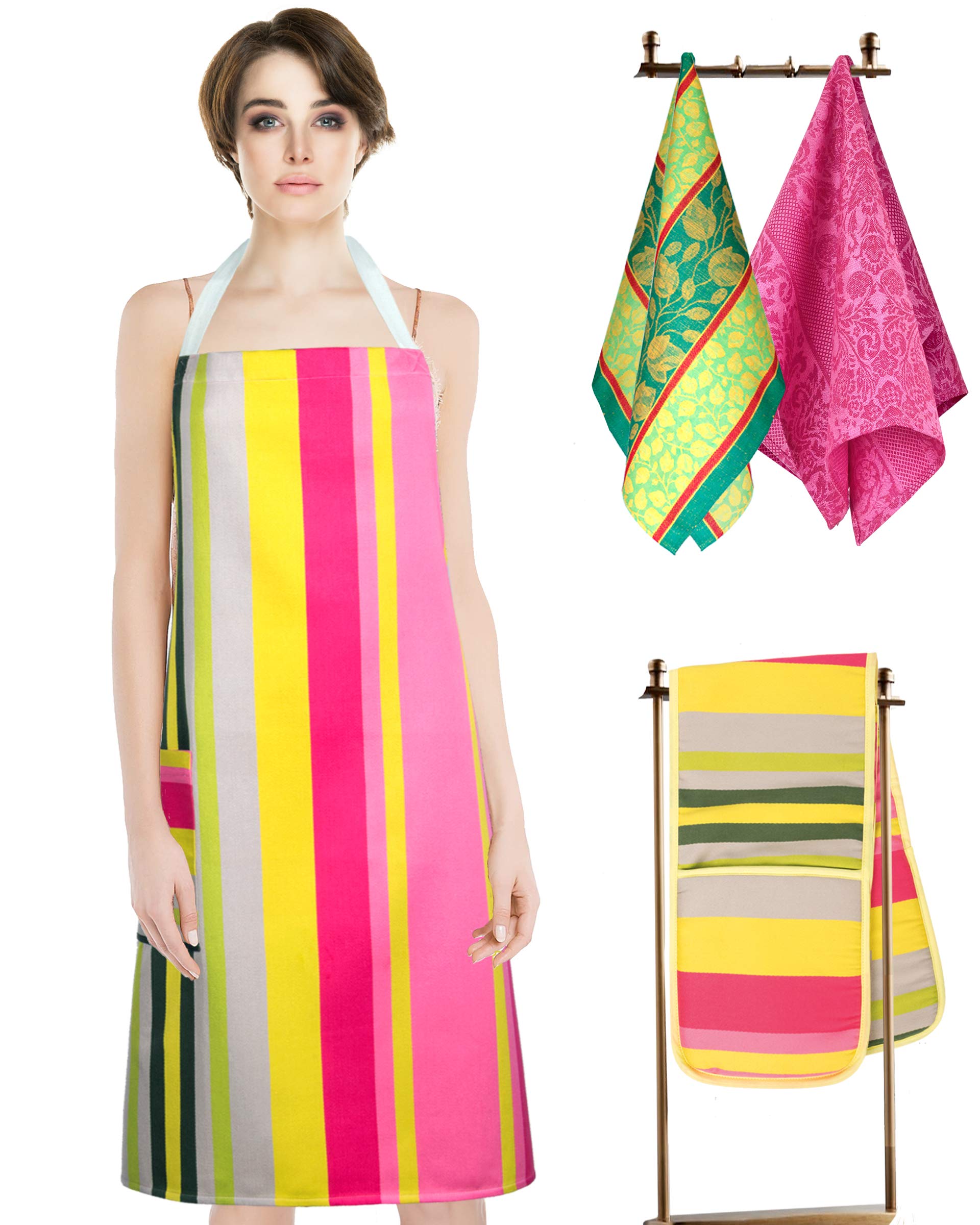 Premium European Kitchen Apron with Oven Mitts & 2 Dish Towels Set - Alessandra Collection | Cooking, Baking & Grilling Essentials for Home Chefs