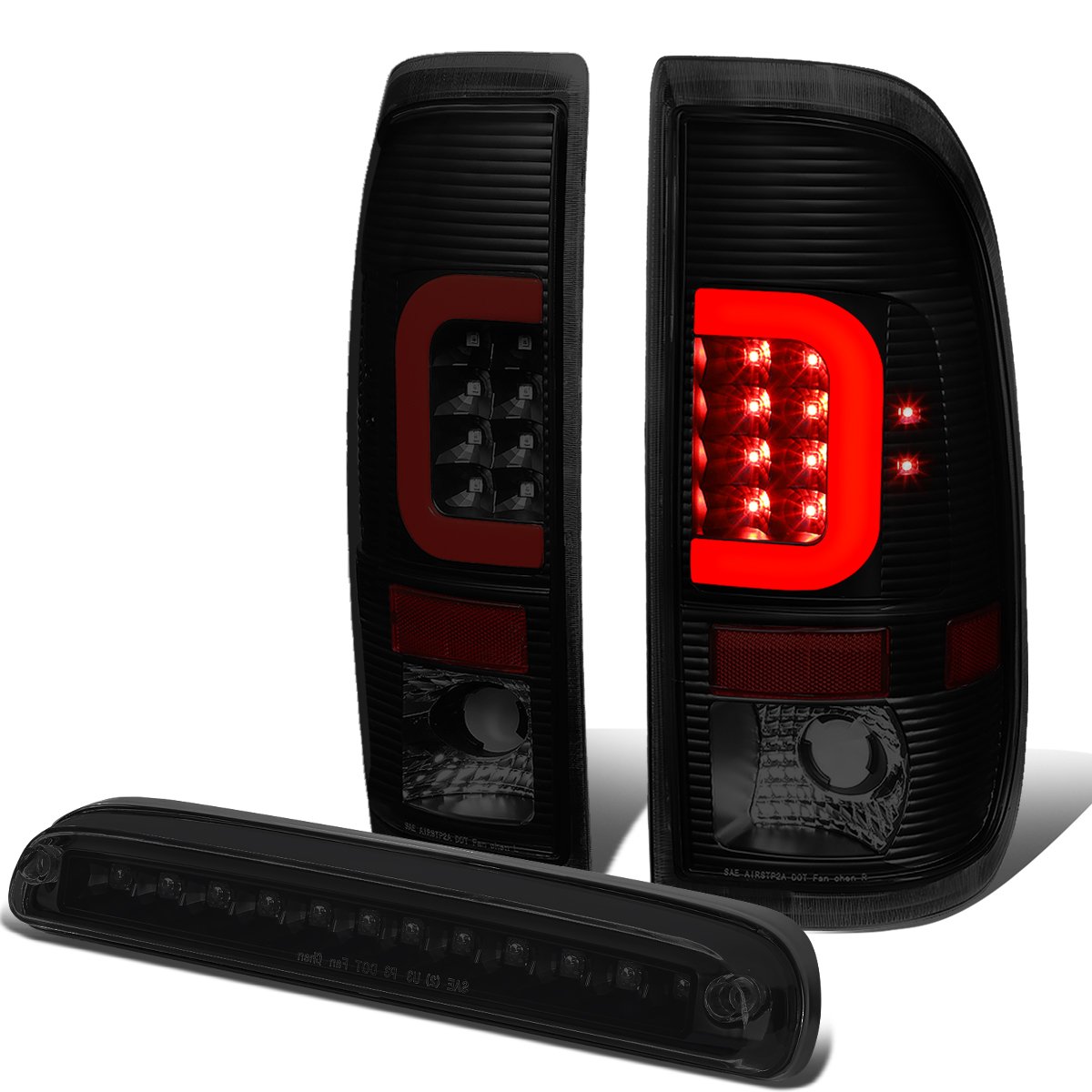 Auto Dynasty Black Housing Smoked Lens Red 3D LED Tail Lights + Dual Row 3rd Brake Light for Ford F150-F550 Pickup Trucks - Enhanced Visibility & Style Upgrade