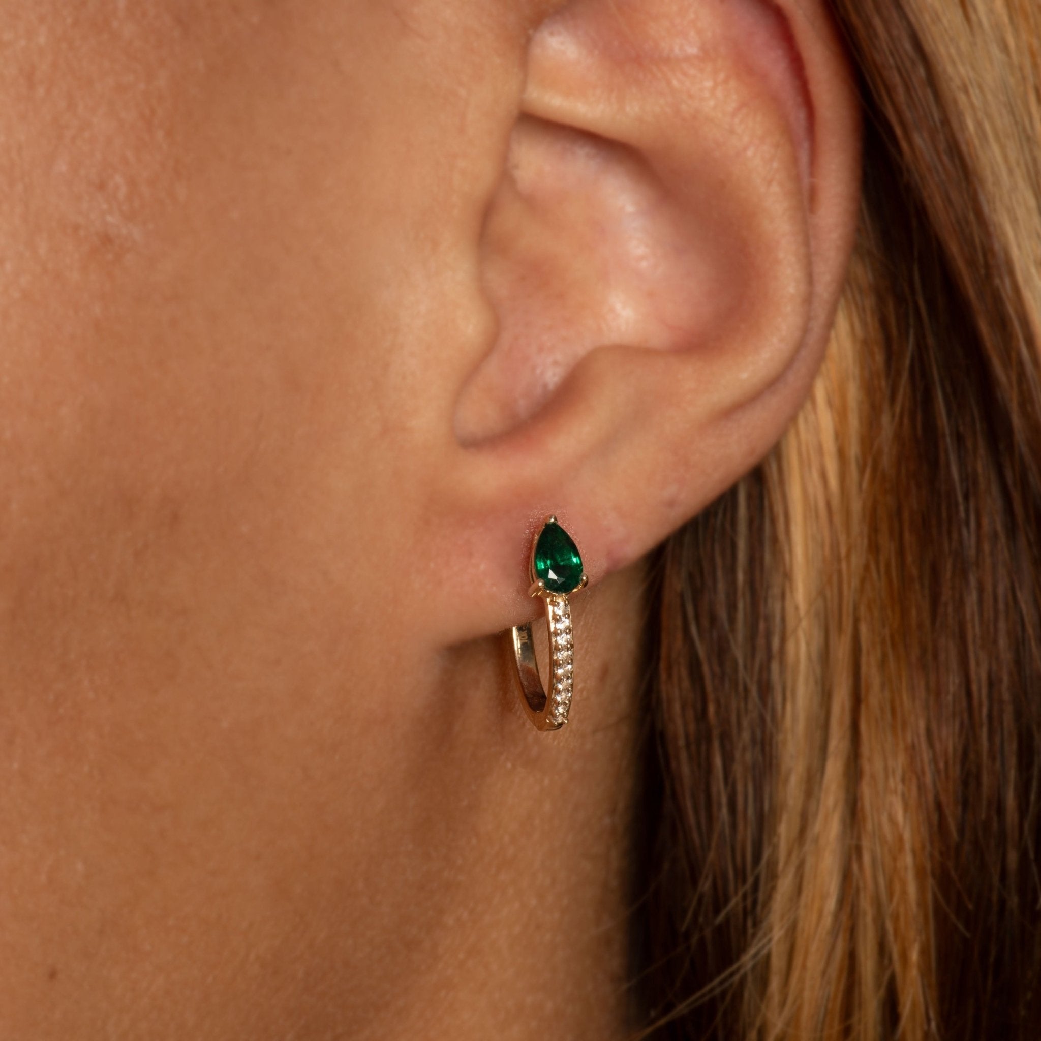 10K Yellow Gold Teardrop Emerald & White Sapphire Hoop Earrings for Women - Elegant Dangle Earrings for Party, Wedding & Special Occasions