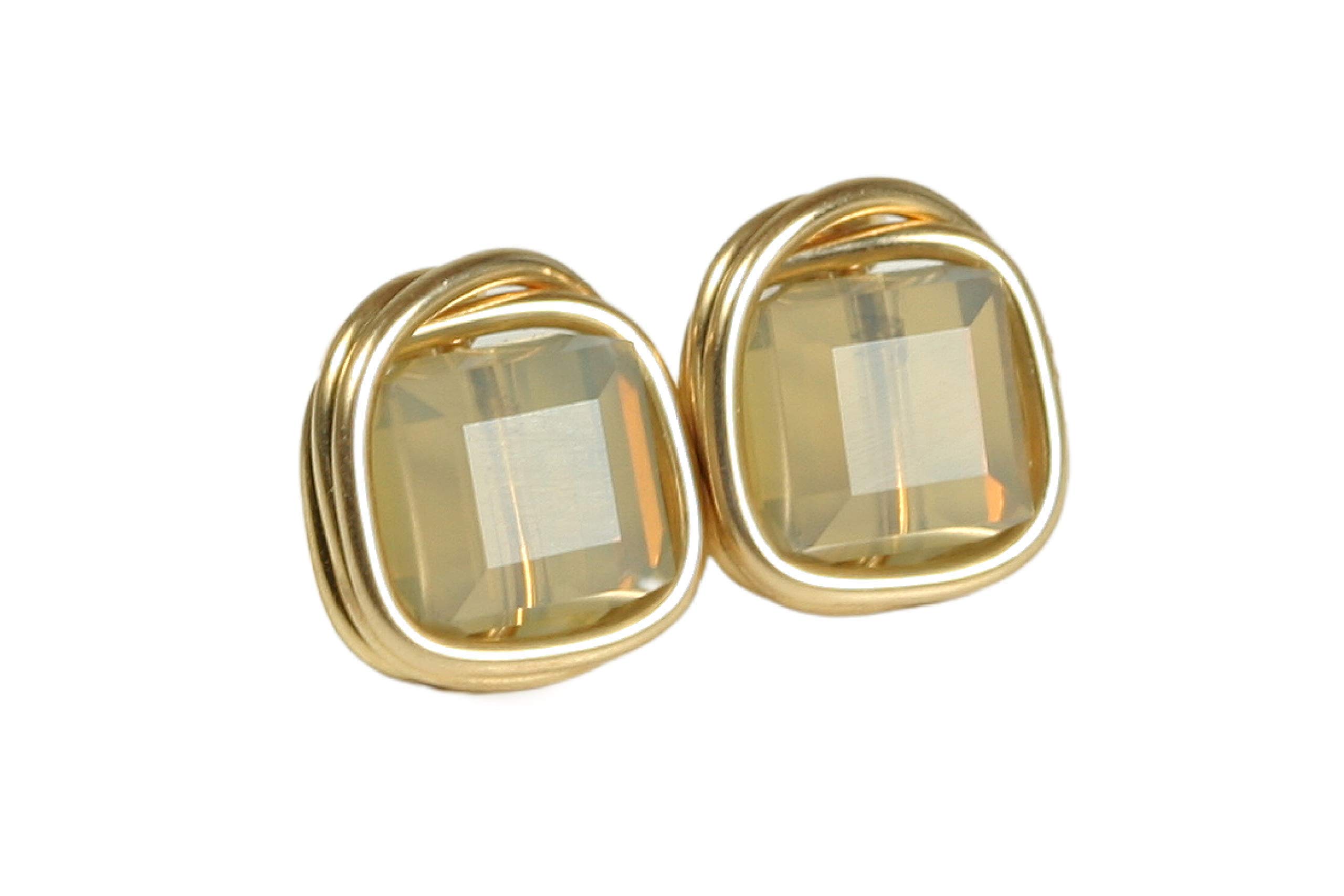 Handmade Gold Tan Stud Earrings with Sand Opal Crystals - Wire Wrapped Boho Jewelry for Women - Perfect for Daily Wear, Parties & Gifts