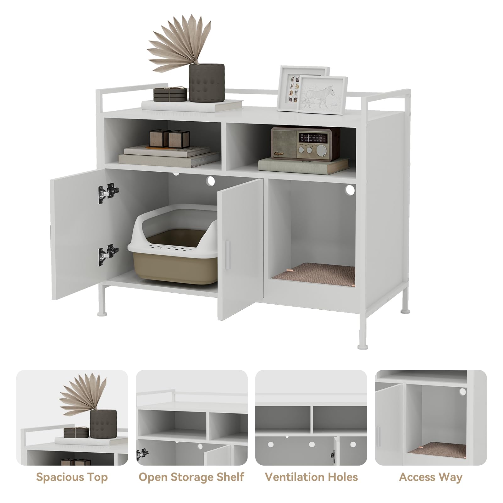 YUSING Cat Litter Box Enclosure Furniture - Hidden Large Cat Washroom Storage Cabinet with Double Doors & Open Shelf - White for Bedroom & Living Room | Perfect for Small Spaces & Multi-Cat Homes