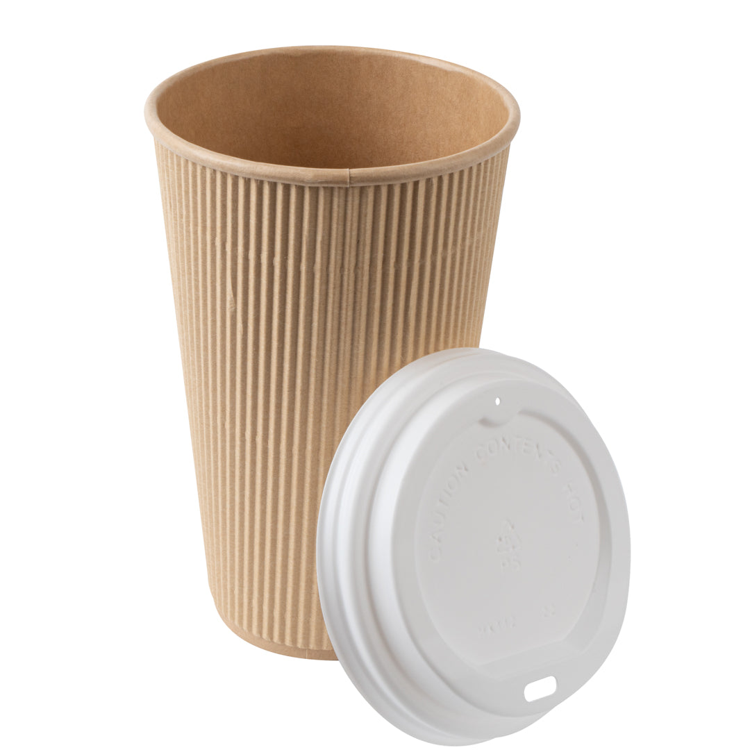 16 oz Kraft Paper Coffee Cups with White Lids - 200 Count (3.5