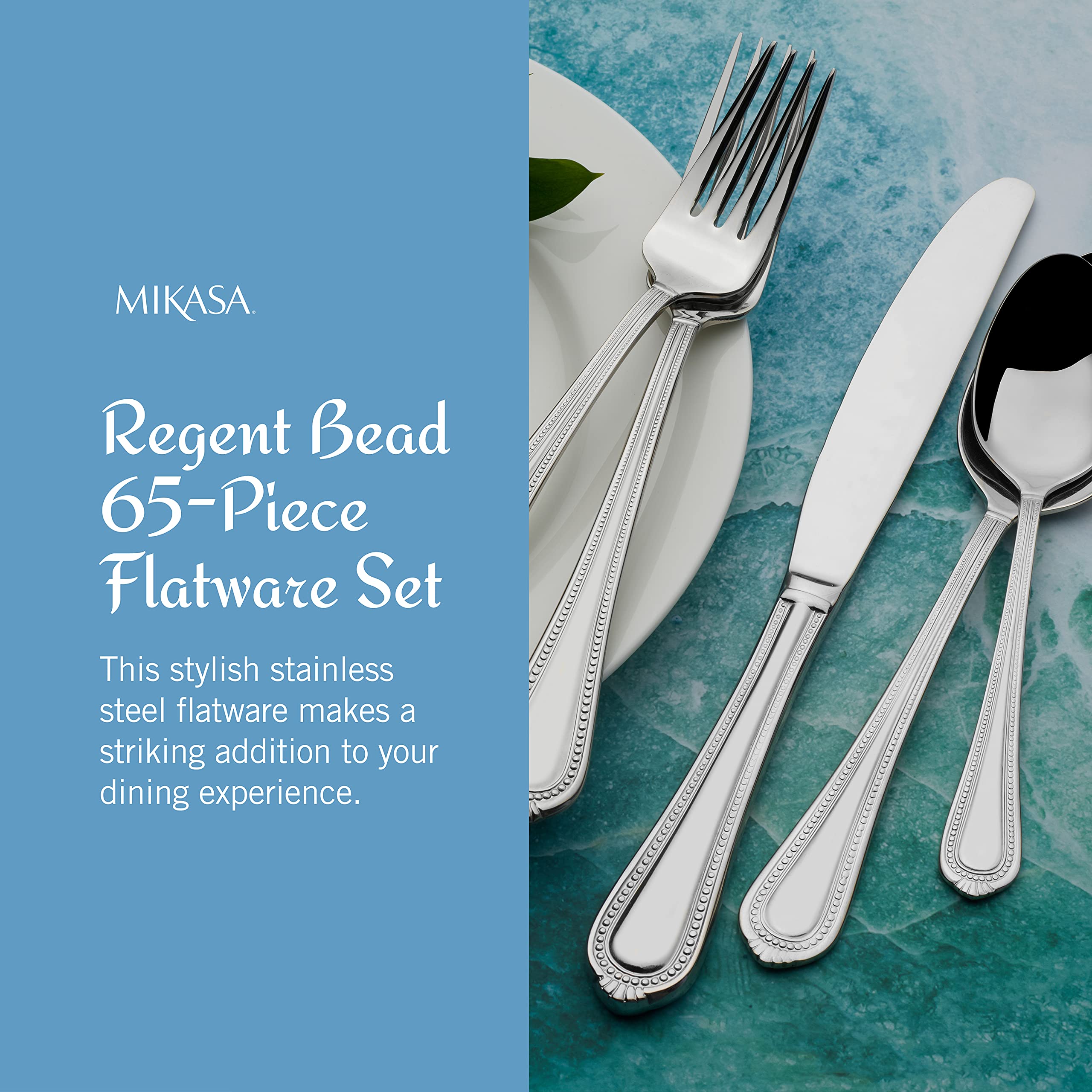 Mikasa Regent Bead 65-Piece 18/10 Stainless Steel Flatware Set for 12 - Elegant Silverware with Serving Utensils for Fine Dining, Weddings & Special Occasions