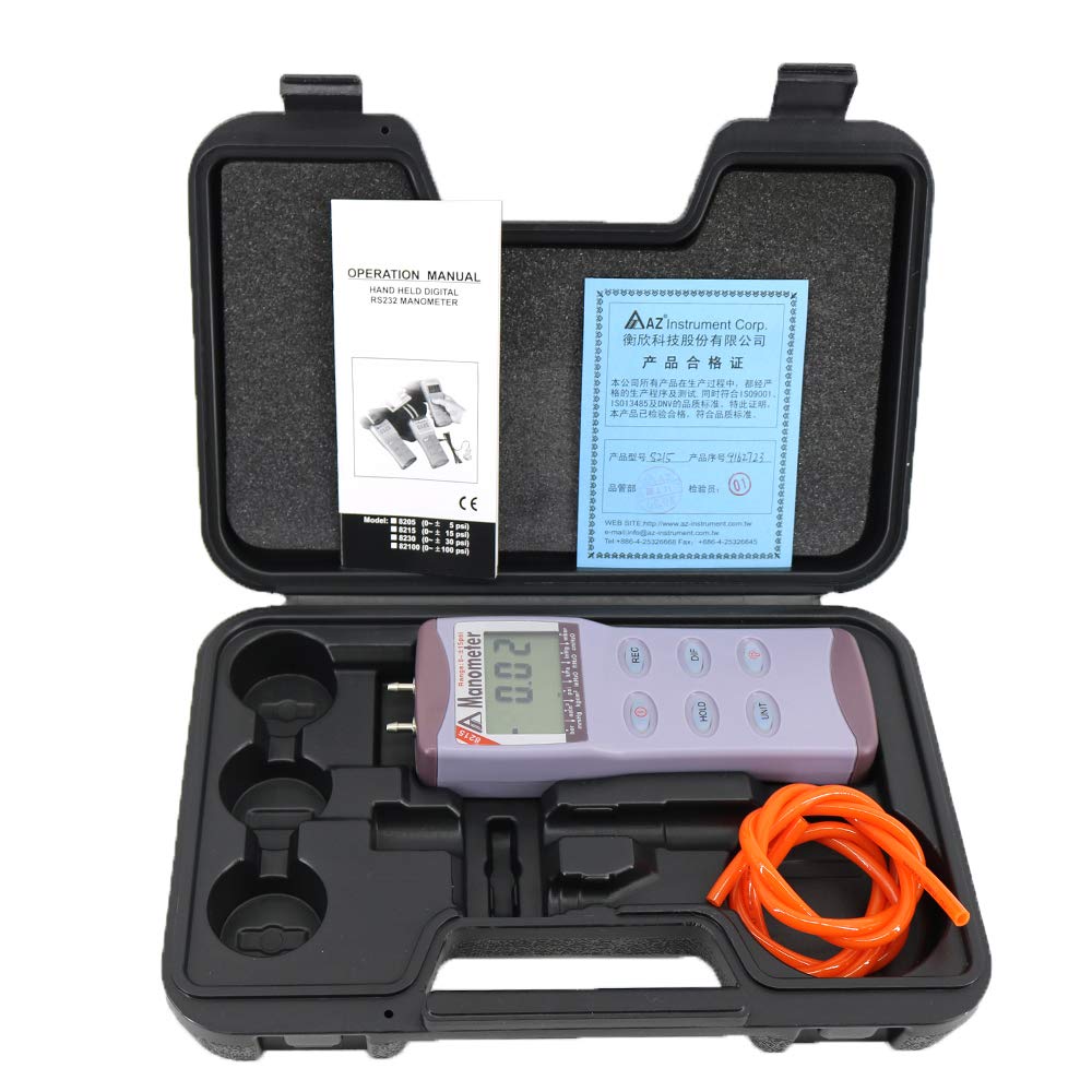 AZ8215 Portable Pressure Tester 15 PSI Digital Manometer - Accurate Differential Pressure Meter for HVAC, Automotive & Industrial Use