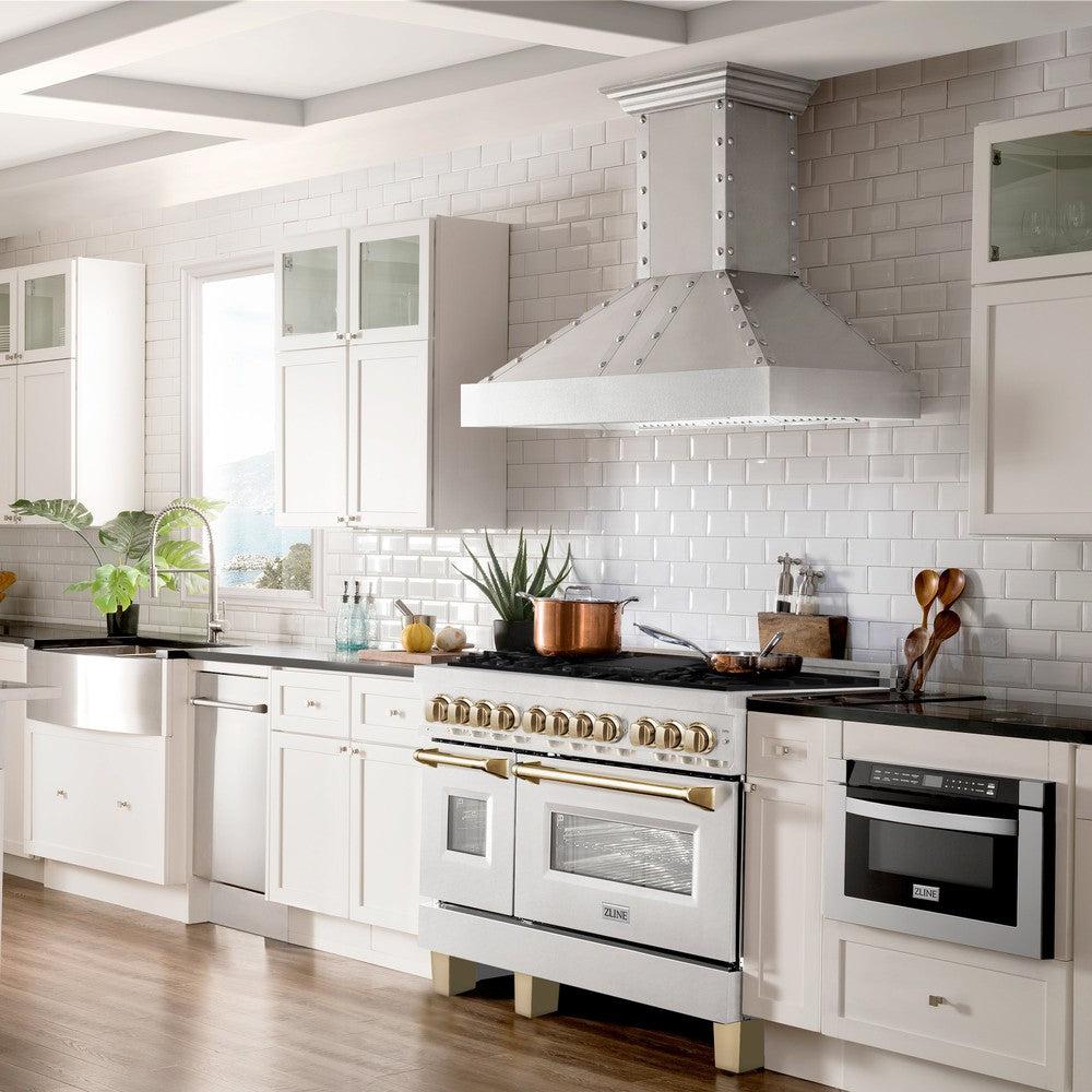 ZLINE Autograph Edition 48-inch Dual Fuel Range - 6.0 cu.ft Capacity, 7-Burner Gas Cooktop & 2 Electric Ovens - Satin Stainless Steel with Polished Gold Accents (RASZ SN 48 G) - Perfect for Professional Home Chefs & Luxury Kitchens