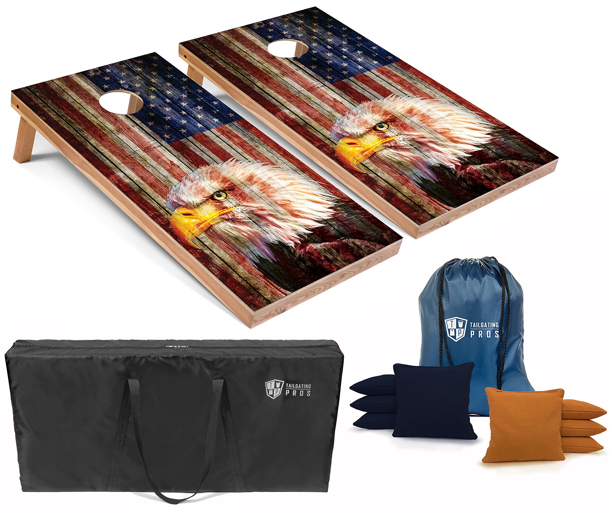 Patriotic Eagle US Flag Cornhole Board Set with Bean Bags & Carrying Case - 4'x2' Outdoor Toss Game for Backyard, Tailgating, Parties - Optional LED Lights for Night Play