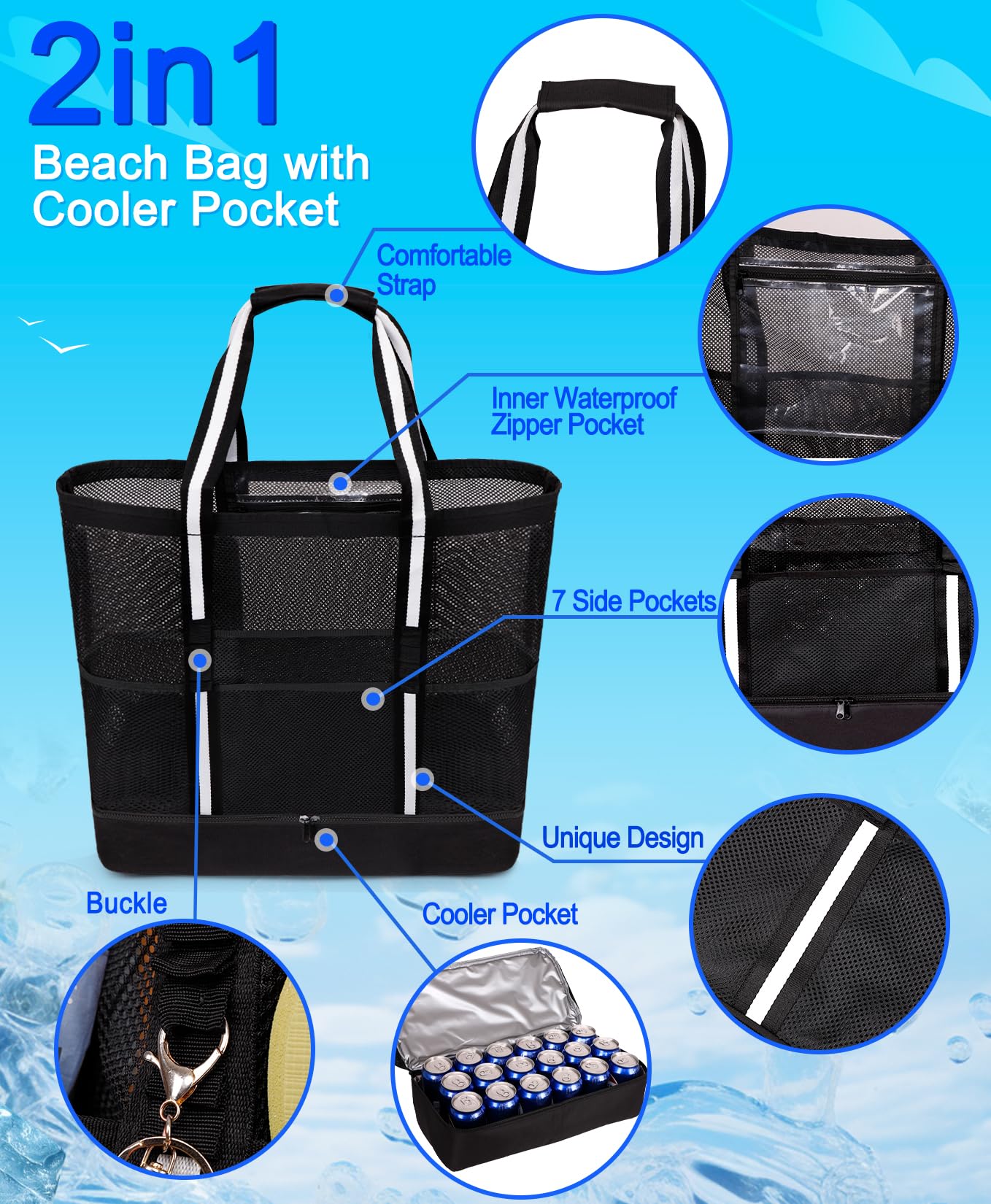 **Women's Beach Bag with Insulated Cooler & Waterproof Phone Pouch - 7 Exterior Pockets, Clear PVC Zipper Pocket - Perfect for Pool, Travel & Outdoor Adventures**