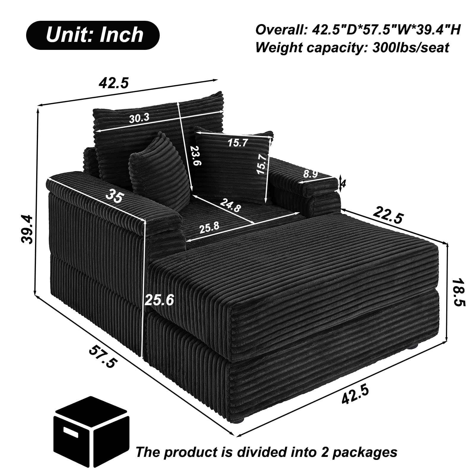 Oversized Chaise Lounge Chair with Ottoman - Reclining Upholstered Corduroy Sofa for Living Room, Comfy Sleeper Chair in Black (42.5