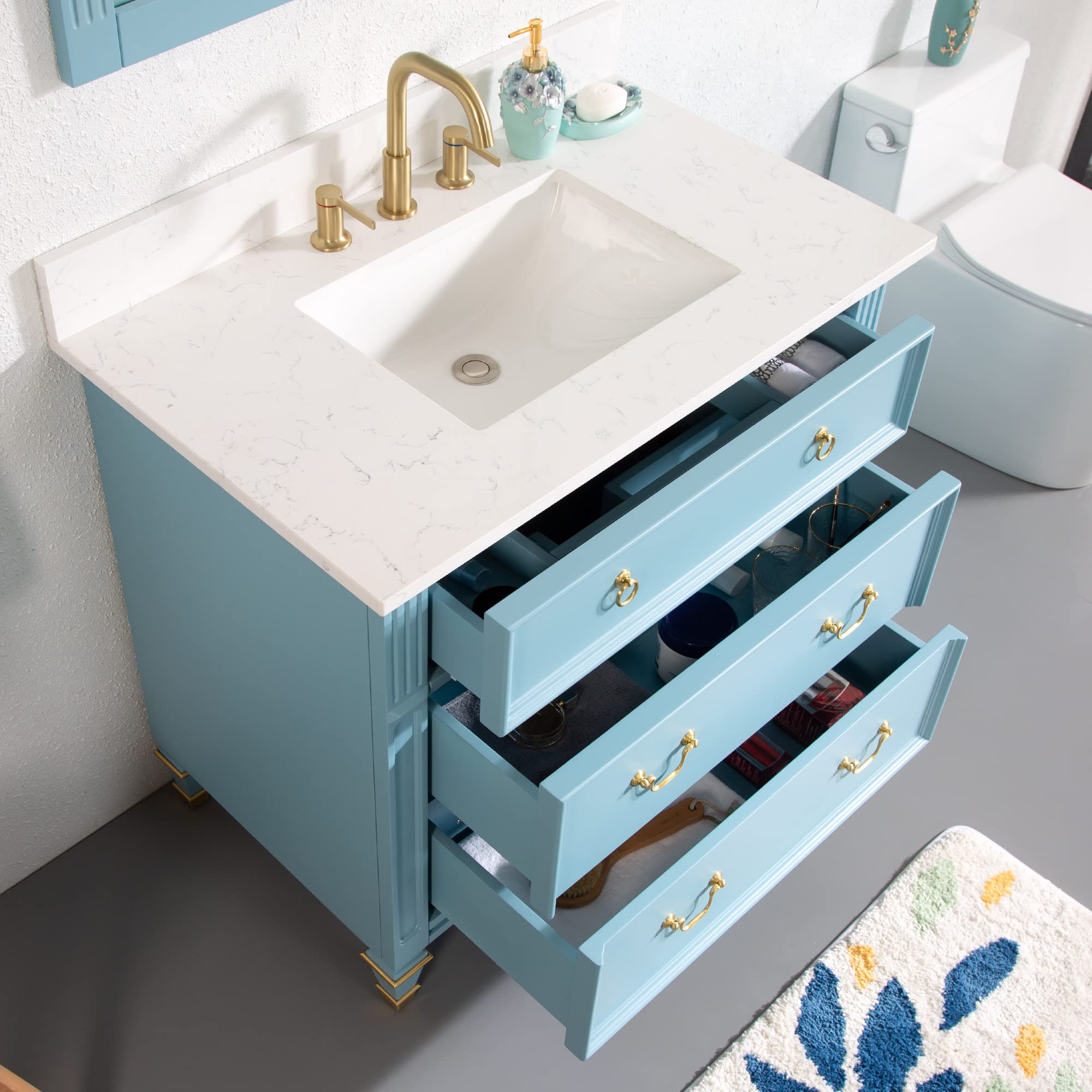 WELLFOR 36 Inch Freestanding Bathroom Vanity with Sink - No Assembly Required Wood Makeup Cabinet with 3 Drawers, Storage Organizer & Marble Countertop - Classic Blue | Perfect for Small Bathrooms, Powder Rooms & Master Bath Remodels