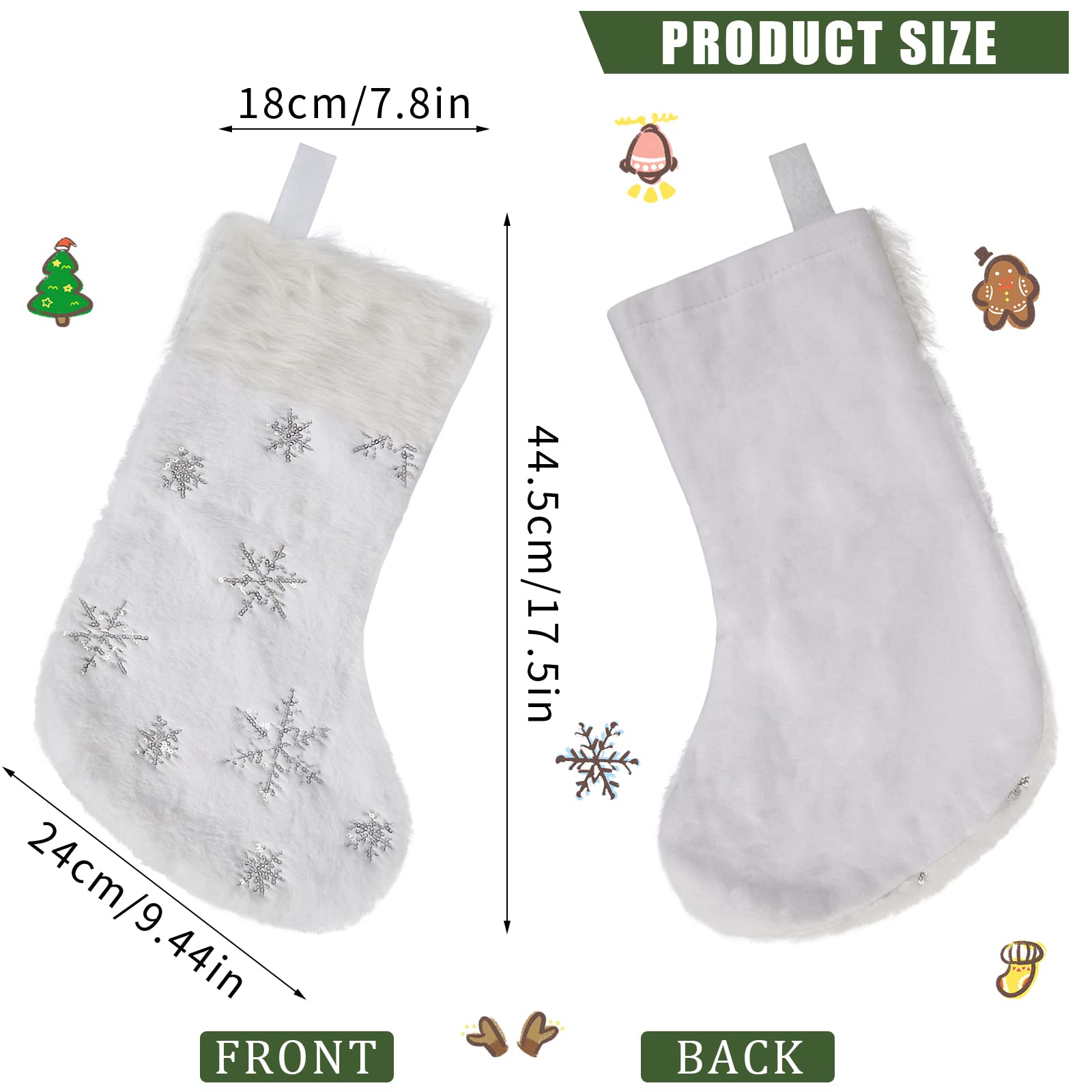 DIYASY 4-Pack Large White Faux Fur Christmas Stockings with Silver Sequin Snowflakes - Personalized Holiday Stockings for Fireplace, Mantel & Party Decor (17.5 Inch) - Perfect for Family Gift Exchange & Festive Home Decor