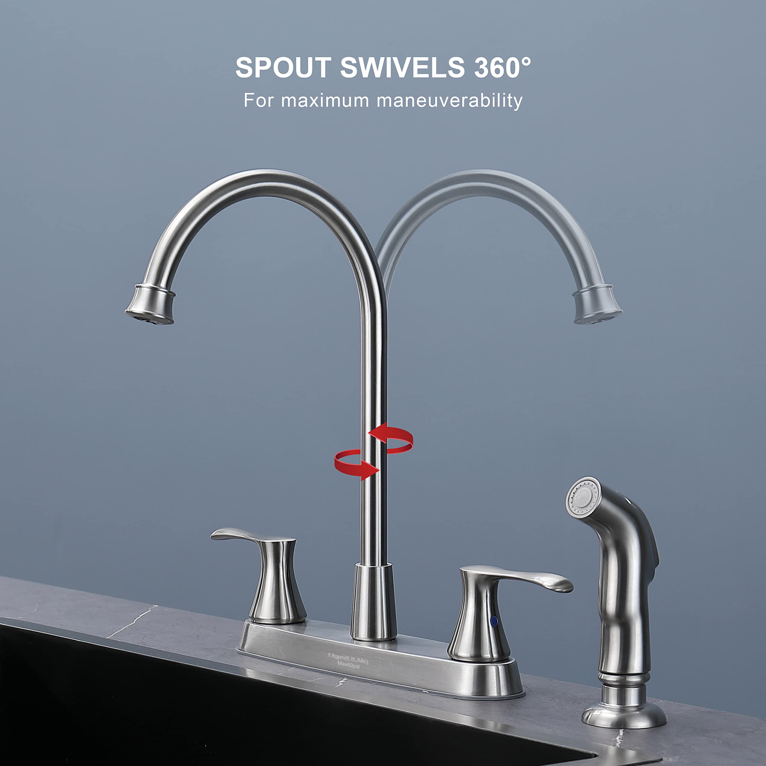 Brushed Nickel 2-Handle Kitchen Faucet with Side Sprayer - 4 Hole Mount for Sink | Perfect for Modern Kitchens, Dishwashing & Food Prep