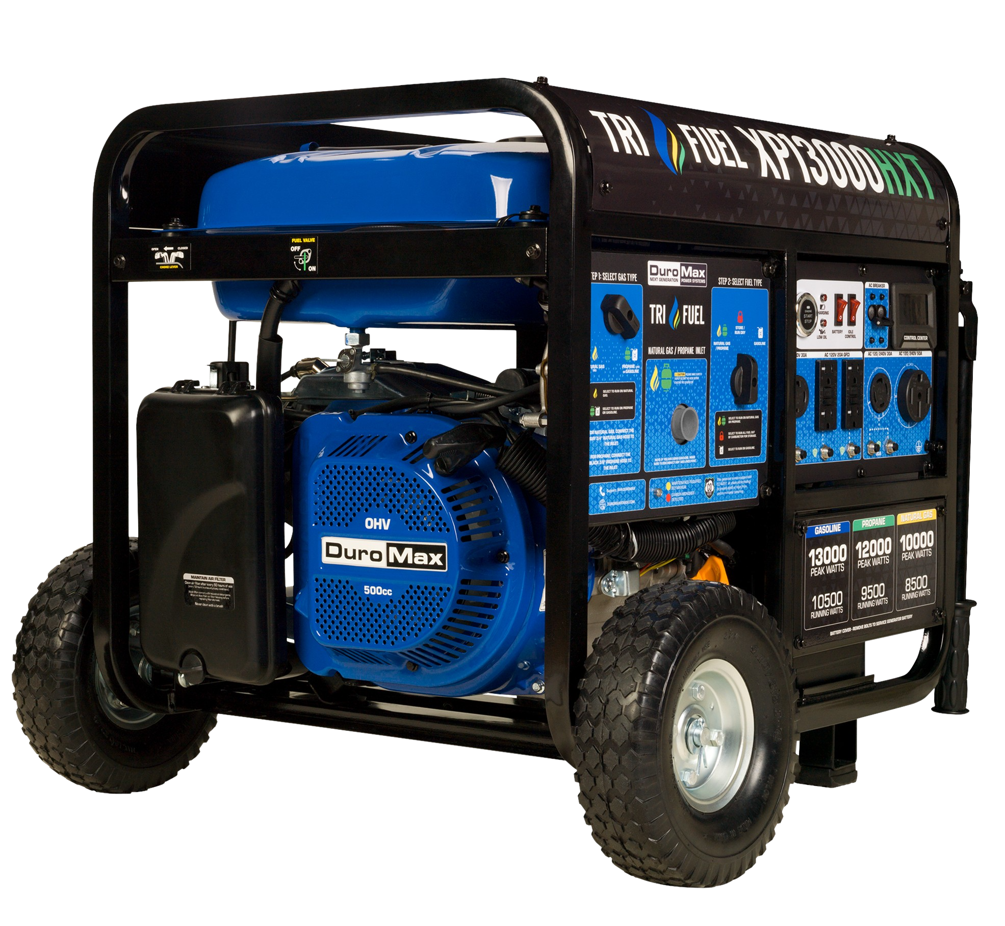 DuroMax XP13000HXT 10500W/13000W Tri-Fuel Portable Generator - Gasoline/Propane/Natural Gas with CO Alert & Remote Start - Perfect for Home Backup Power, Camping & Emergency Use