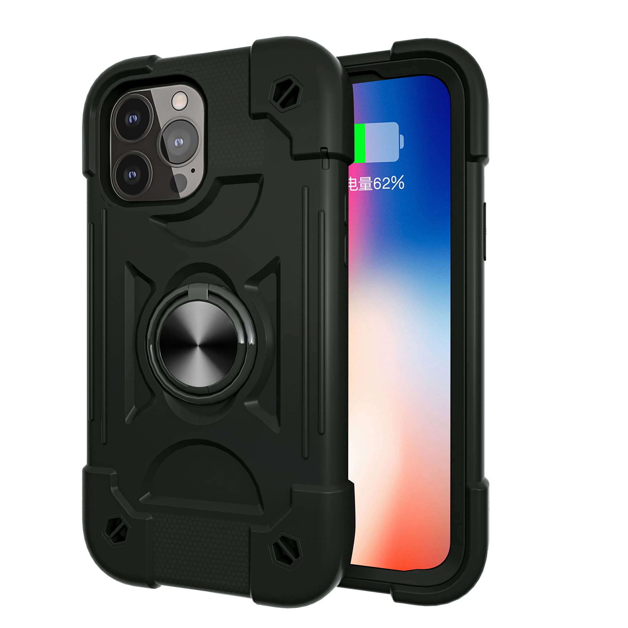 Omio Heavy Duty Rugged Case for iPhone 12 Pro Max (6.7 Inch) - Military Grade Shockproof Phone Cover with Ring Stand & Magnetic Car Mount | Perfect for Outdoor, Work & Travel - Black
