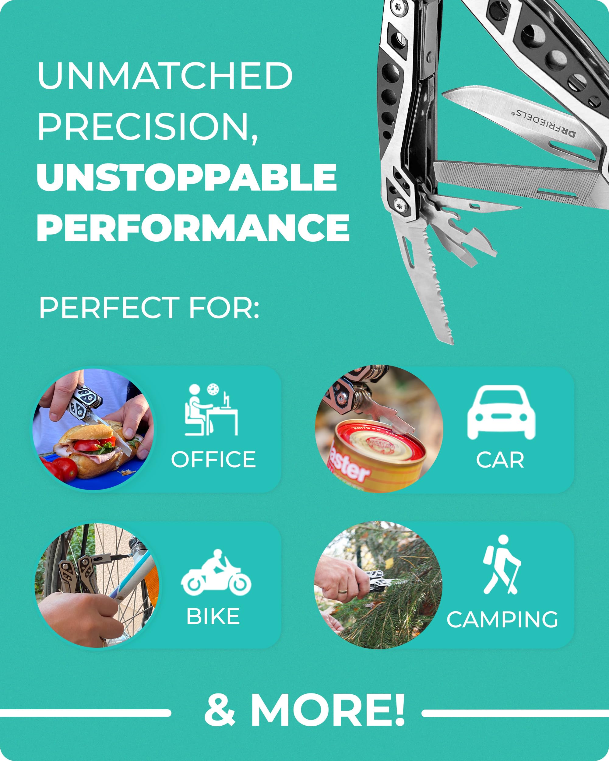 22-in-1 Multi-Tool with Universal Socket | Stainless Steel Pocket Knife with Saw, Wire Stripper & More | Compact DIY Tools for Camping, Hiking, Home Repair & Emergency Kits by DrFriedels