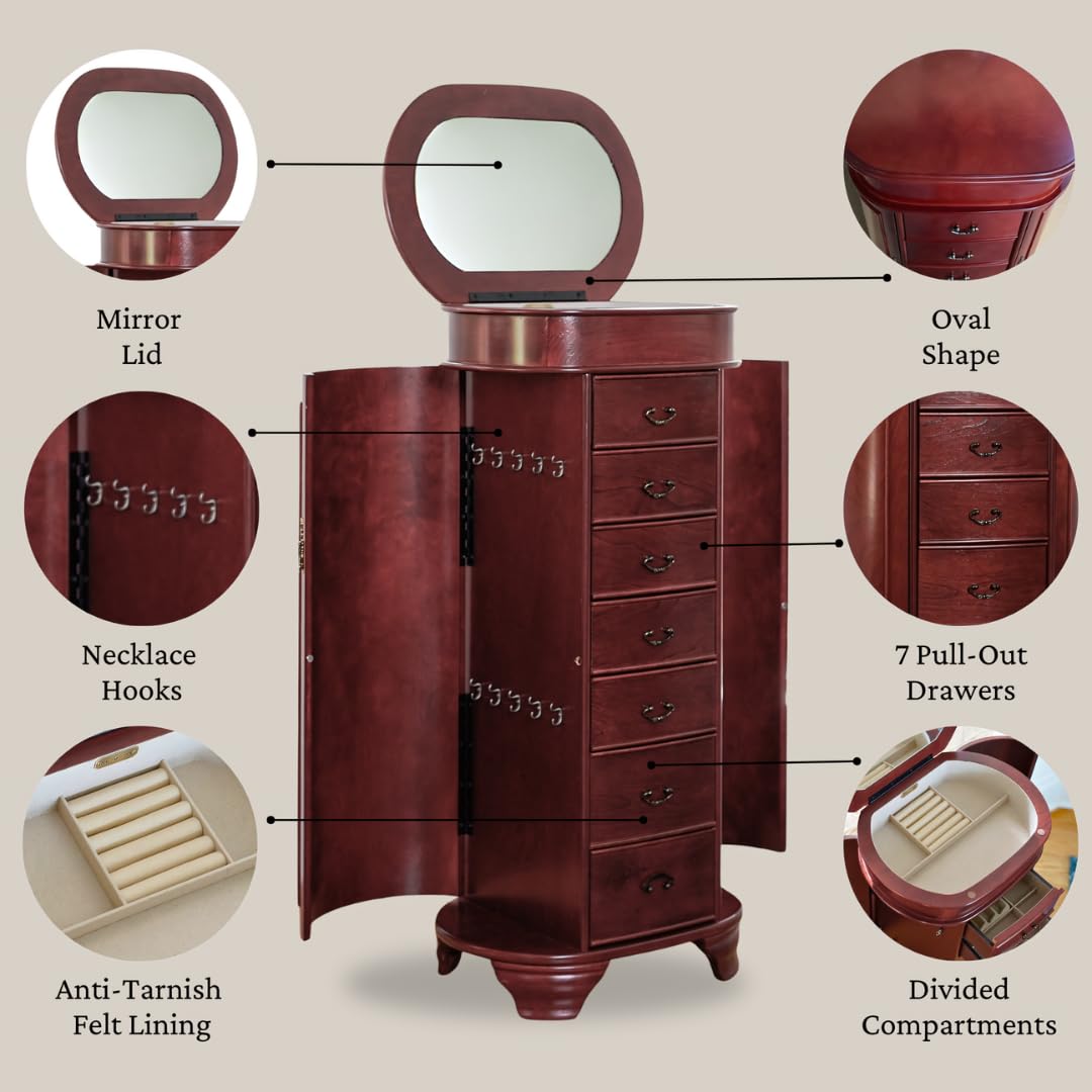 Daley Oval Jewelry Armoire - Stylish Cherry Wood Jewelry Box with Mirror & Drawers for Necklace, Ring & Earring Storage - Perfect for Bedroom Vanity, Closet Organization & Gift Giving