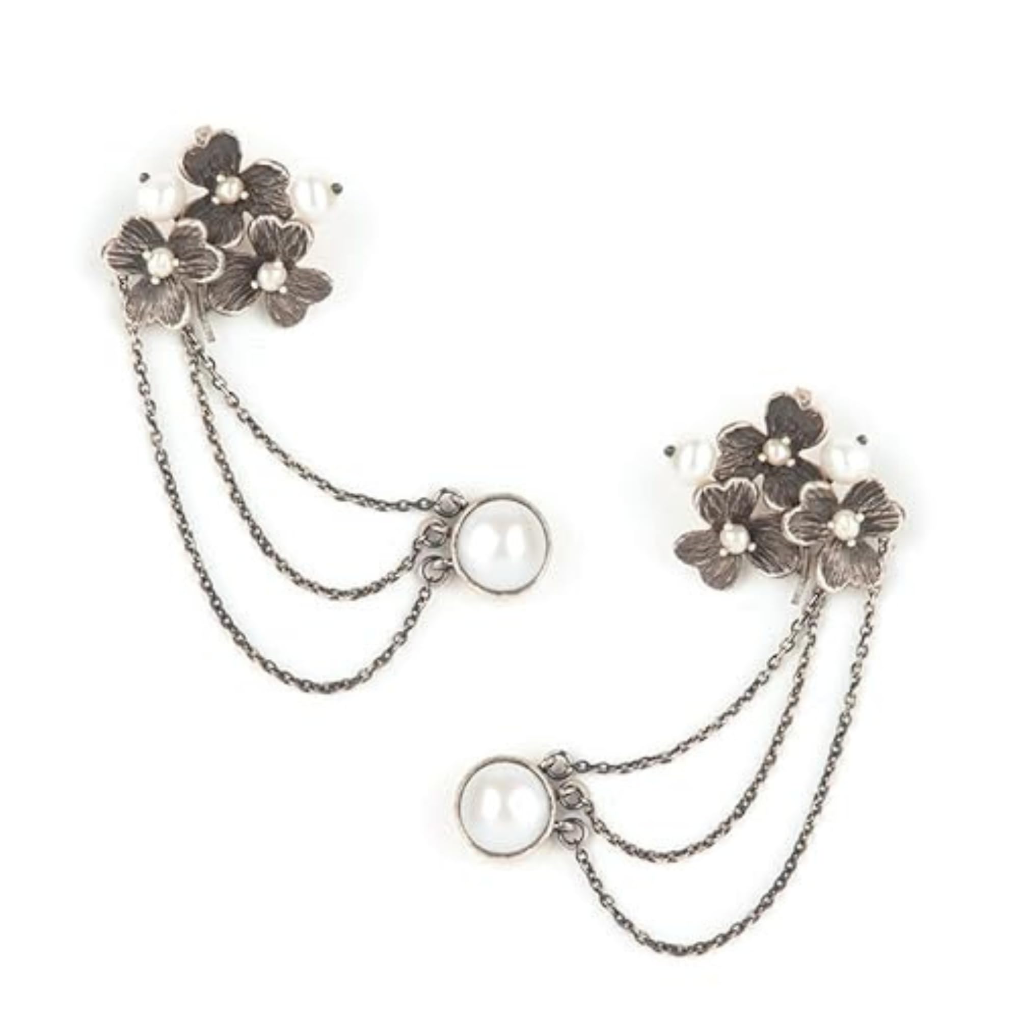 Dulcett Fashion Silver Plated Floral Earcuffs for Women & Girls | Oxidized Silver Bugatti Earrings | Pearl Earcuff Earrings | Elegant Jewelry for Parties, Weddings & Daily Wear
