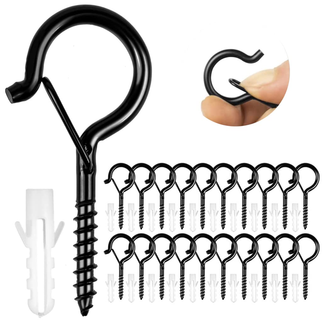 HASTHIP 20Pcs Black Plastic Screw-In Wall Hooks for Outdoor String Lights - Heavy Duty Ceiling Hooks with Safety Buckles for Hanging Plant Pots, Lanterns & Home Decor - Weatherproof Cup Hooks for Patio, Garden & Indoor Use