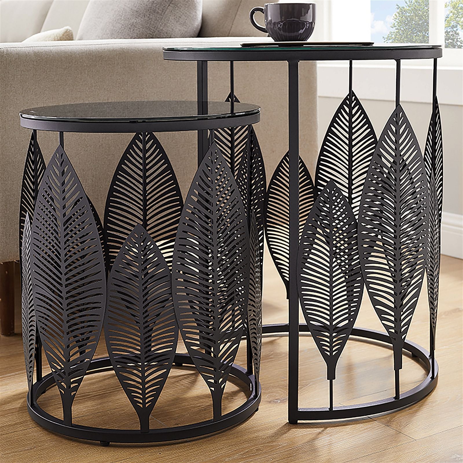 Criterion Black Glass Top Leaf Nested Coffee Tables 520mm - Modern Metal Frame Set for Living Room, Lounge & Office Decor