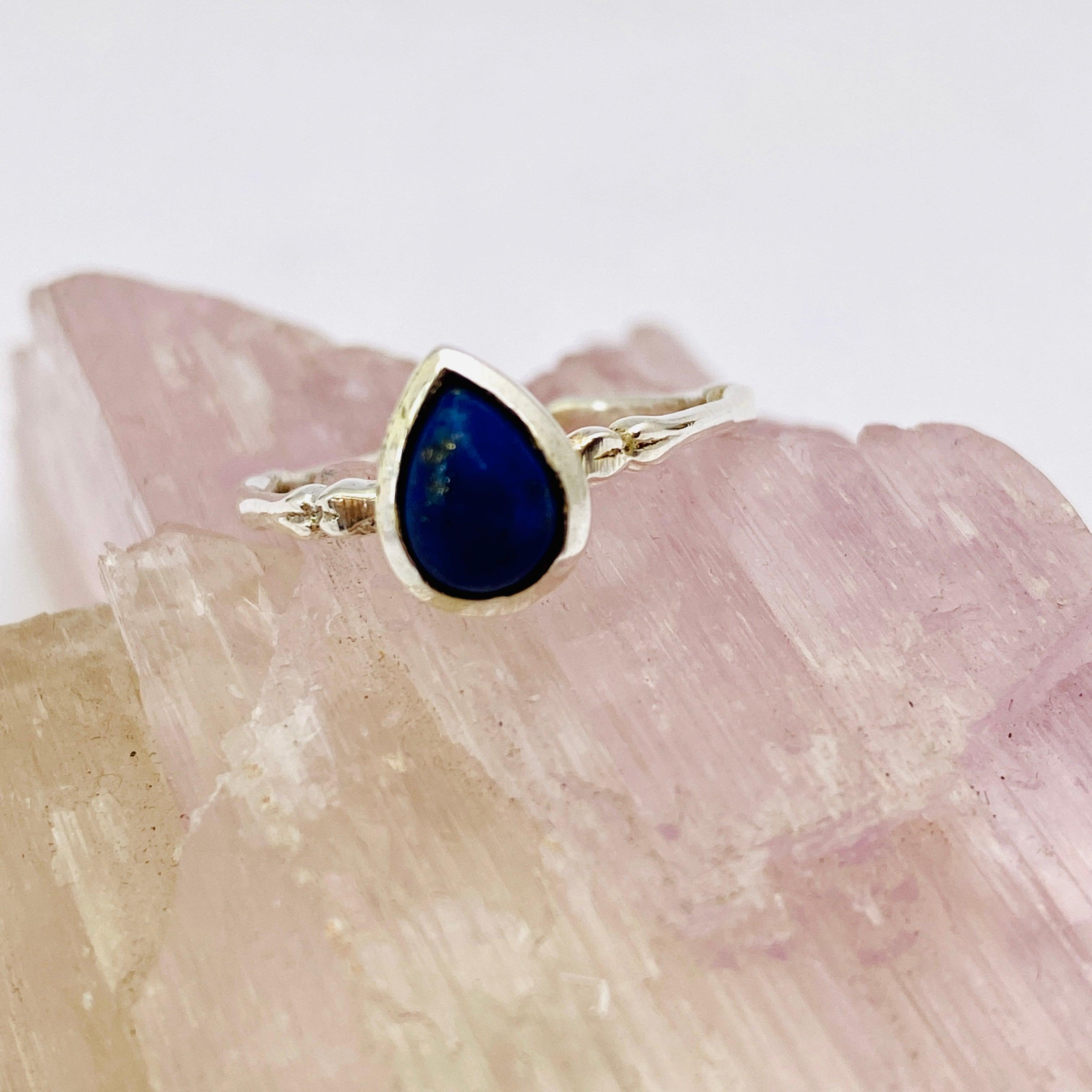 Lapis Lazuli Cabochon Teardrop Fine Band Ring - 925 Sterling Silver Handmade Jewelry for Women - Perfect for Gift Giving, Meditation & Spiritual Healing
