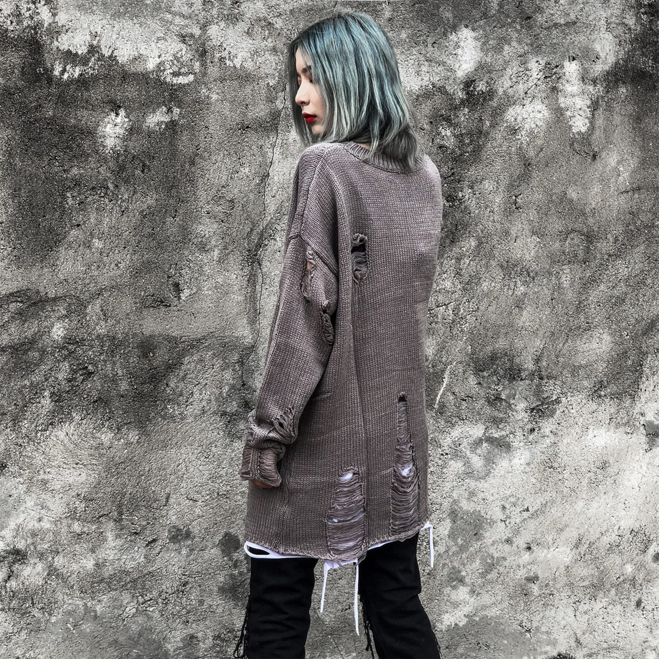 Gothic Punk Sweater for Women - Oversized Loose Knit Pullover with Ripped Striped Design | Alternative Fashion, Grunge Style, Casual Winter Wear