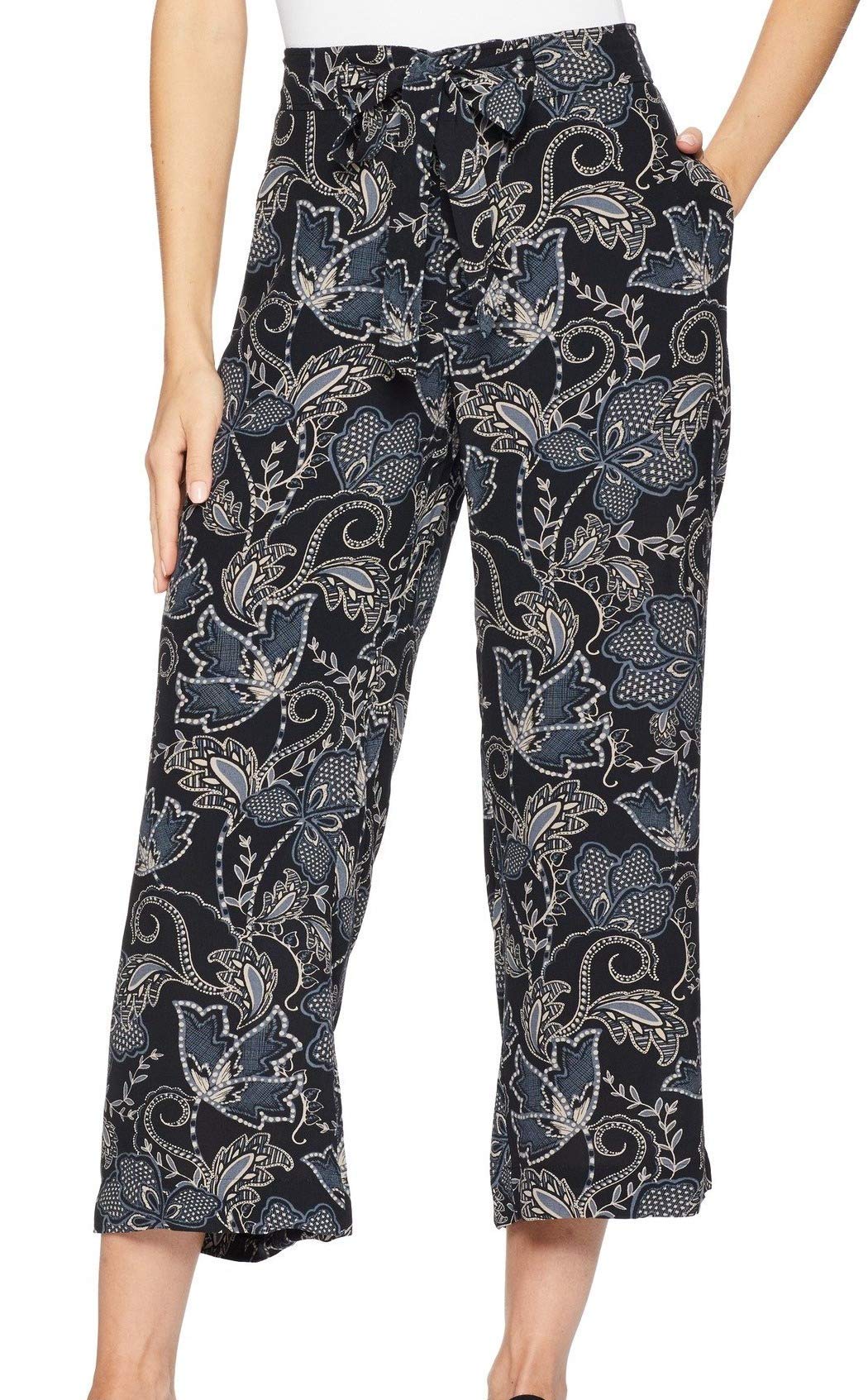Sanctuary Women's Calypso Floral Print Tie-Front Wide Leg Pants - Black Size 26 | Comfortable Lounge Pants for Casual Wear, Vacations & Summer Outfits