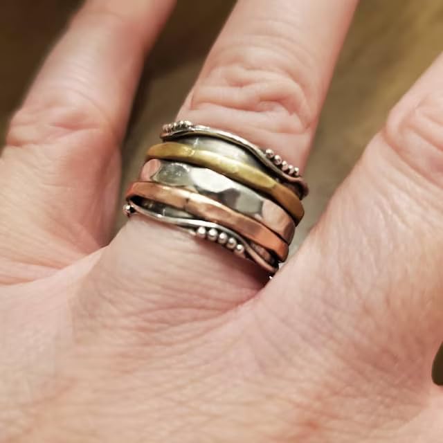 925 Sterling Silver Spinner Ring for Women - Handmade Three-Tone Worry Ring, Fidget Ring & Meditation Jewelry | US Size 9 Yoga Spinner Ring, Thumb Ring & Promise Ring | Perfect Gift for Her, Stress Relief & Anxiety Relief Jewelry