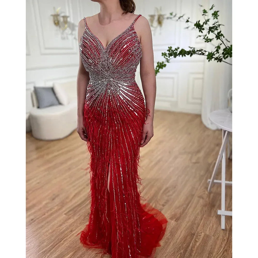 Elegant Arabic Black Feather Beaded Mermaid Evening Gown with High Slit - LA70623 | Formal Dress for Prom, Gala & Special Occasions