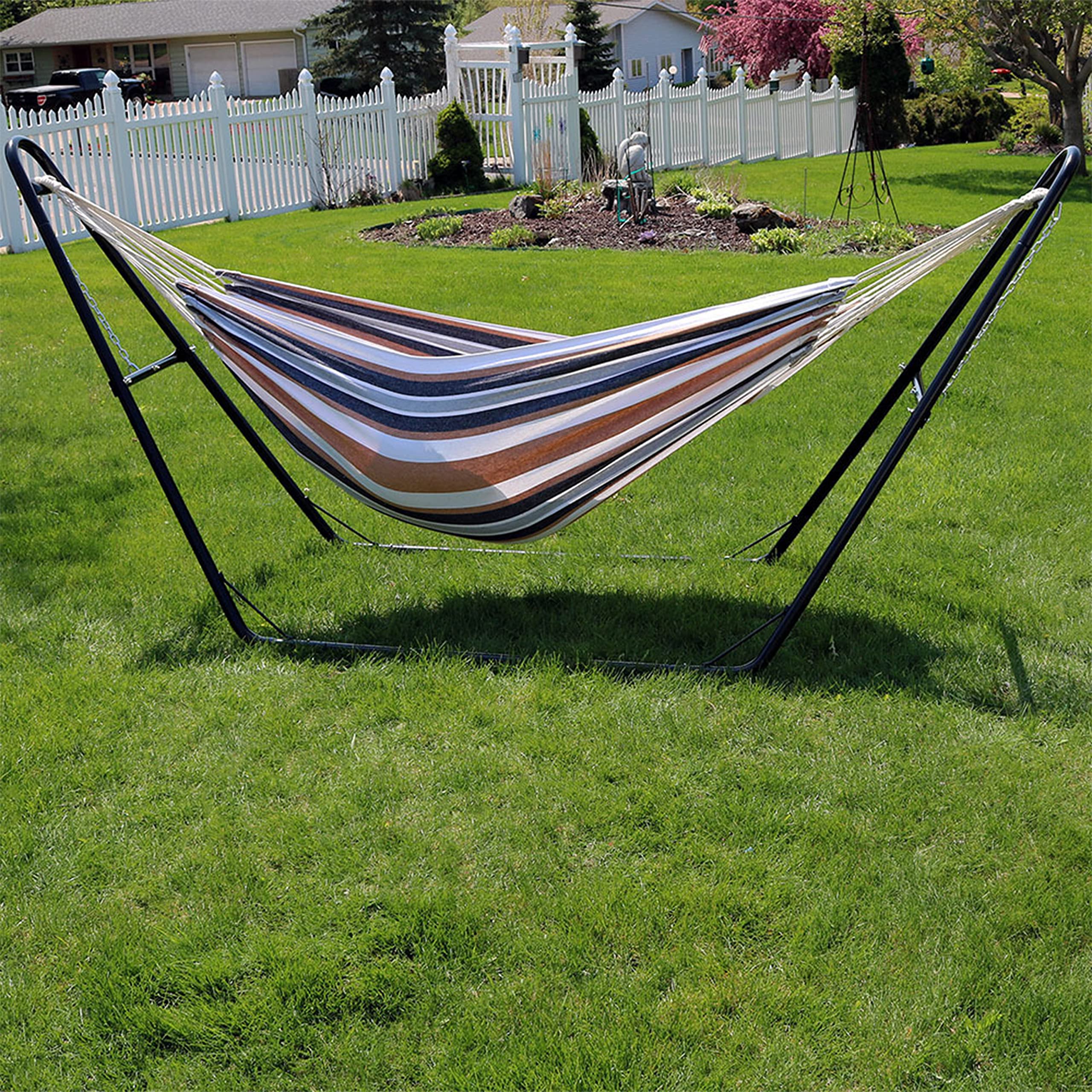 Premium Double Brazilian Cotton Hammock with Universal Stand - 450 lb Weight Capacity - Black Steel Frame - Relaxing Desert Design for Backyard, Patio & Outdoor Lounging