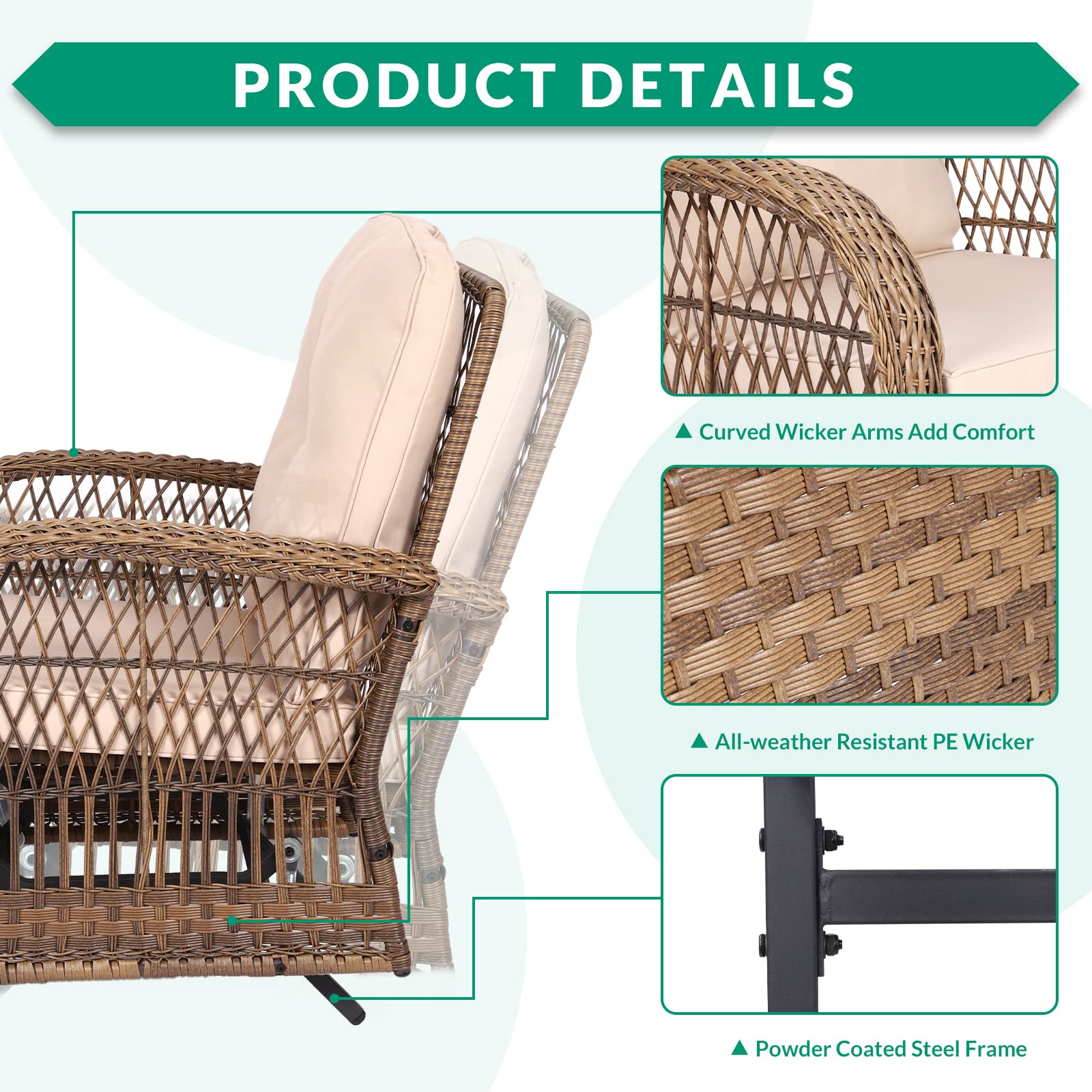 VIVIJASON 2-Piece Outdoor Wicker Glider Rocking Chair Set with Cushions - All-Weather Rattan Swing Glider Chairs with Sturdy Steel Frame - Perfect for Garden, Backyard, Patio, Porch & Poolside Relaxation