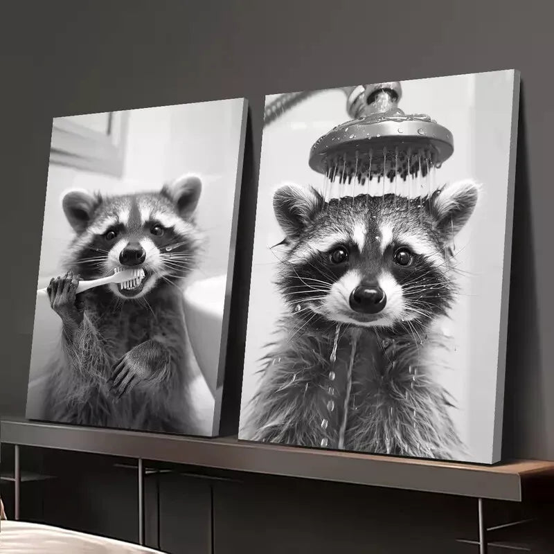 2-Pack Black & White Raccoon Daily Life Canvas Wall Art - 50x75cm Framed High-Quality Print | 100% Australian Made | Ready to Hang | Perfect for Living Room, Bedroom & Office Decor
